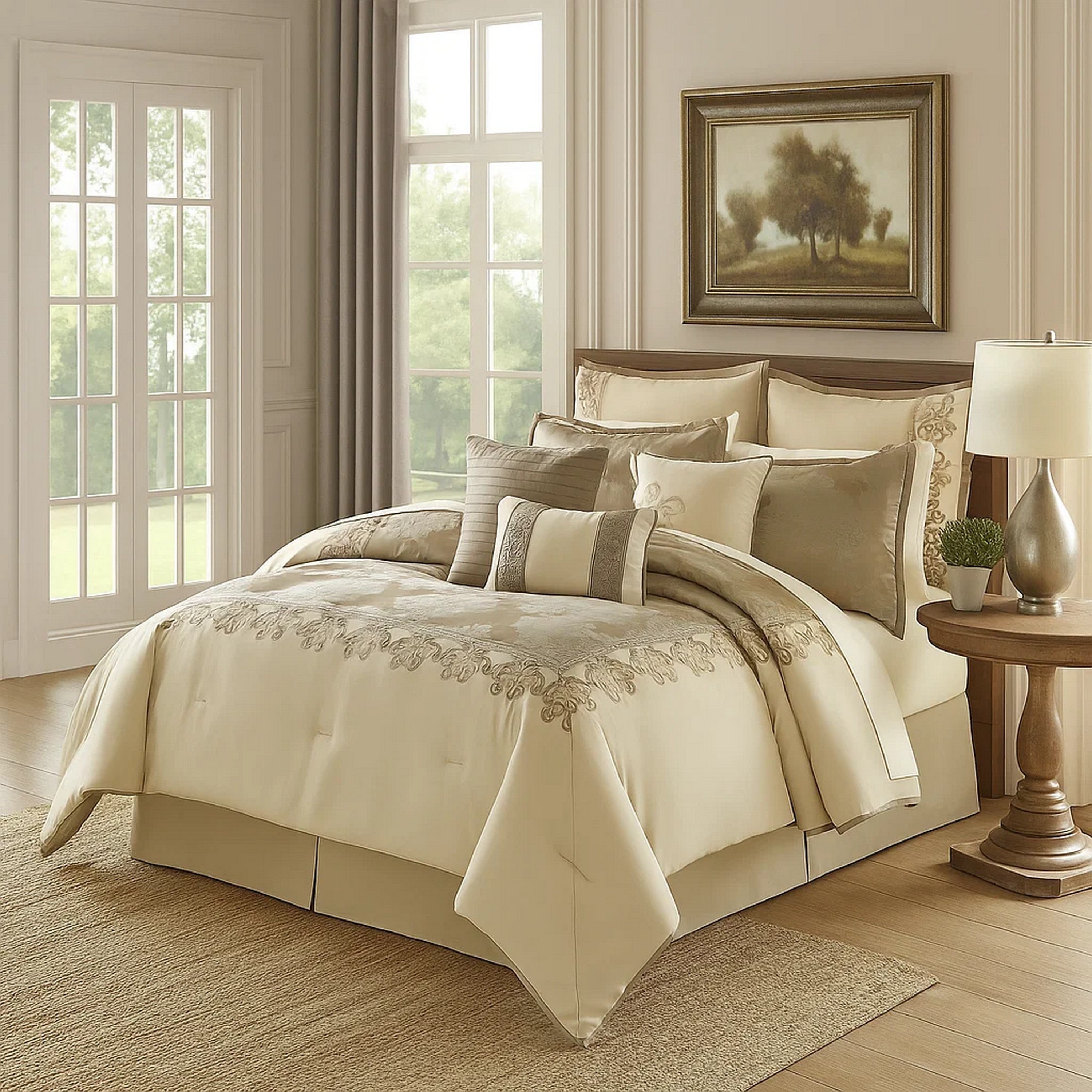 Benjara 9 Piece Queen Polyester Comforter Set with Damask Print, Cream And Gold