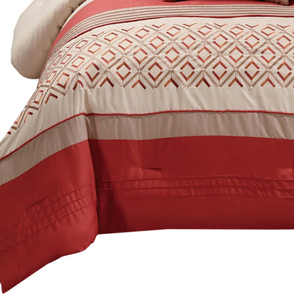 Benjara 8 Piece King Polyester Comforter Set with Geometric Embroidery, Orange