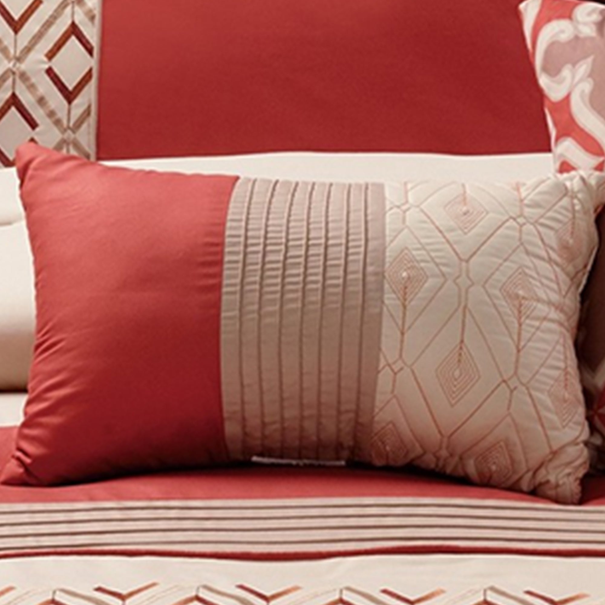 Benjara 8 Piece King Polyester Comforter Set with Geometric Embroidery, Orange