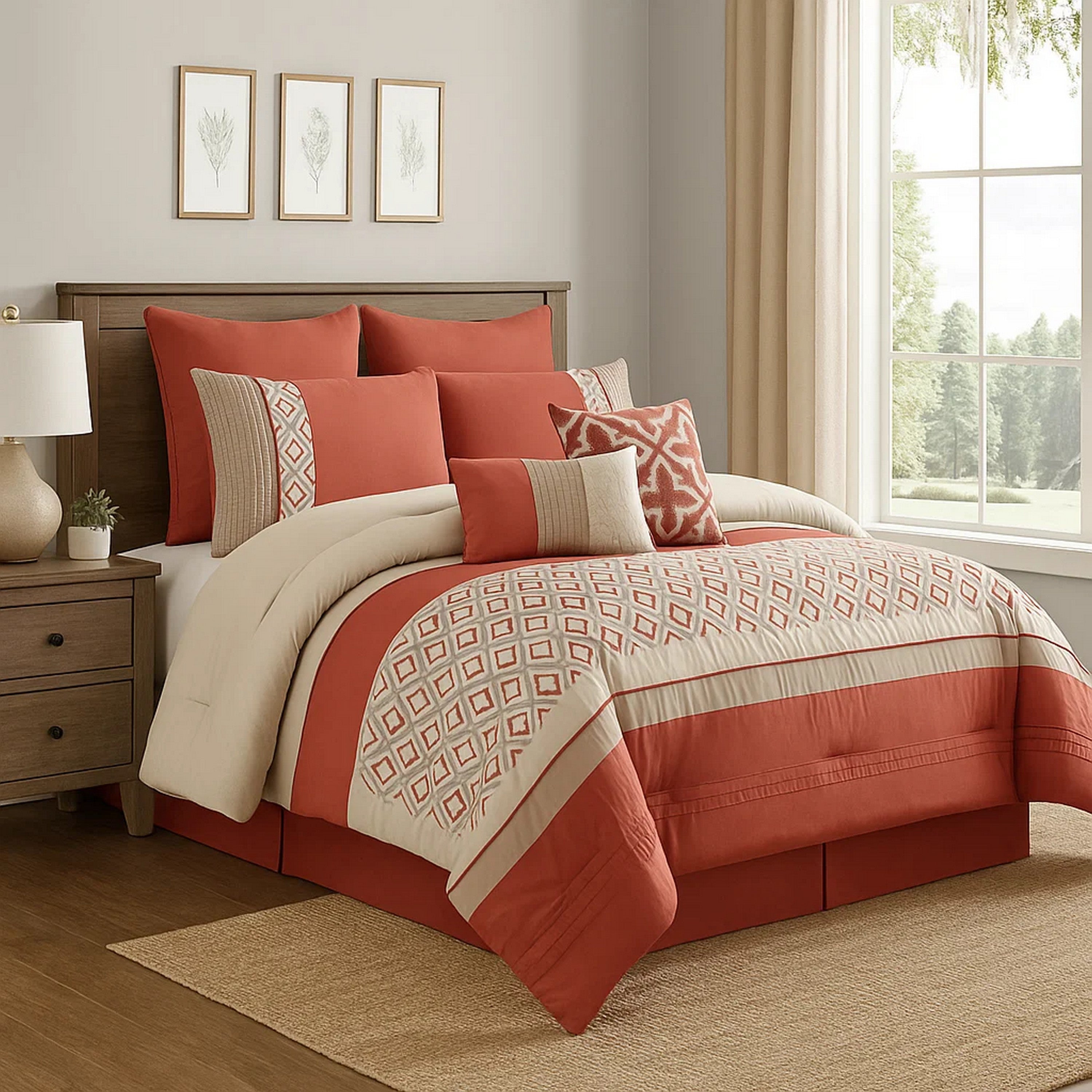 Benjara 8 Piece King Polyester Comforter Set with Geometric Embroidery, Orange