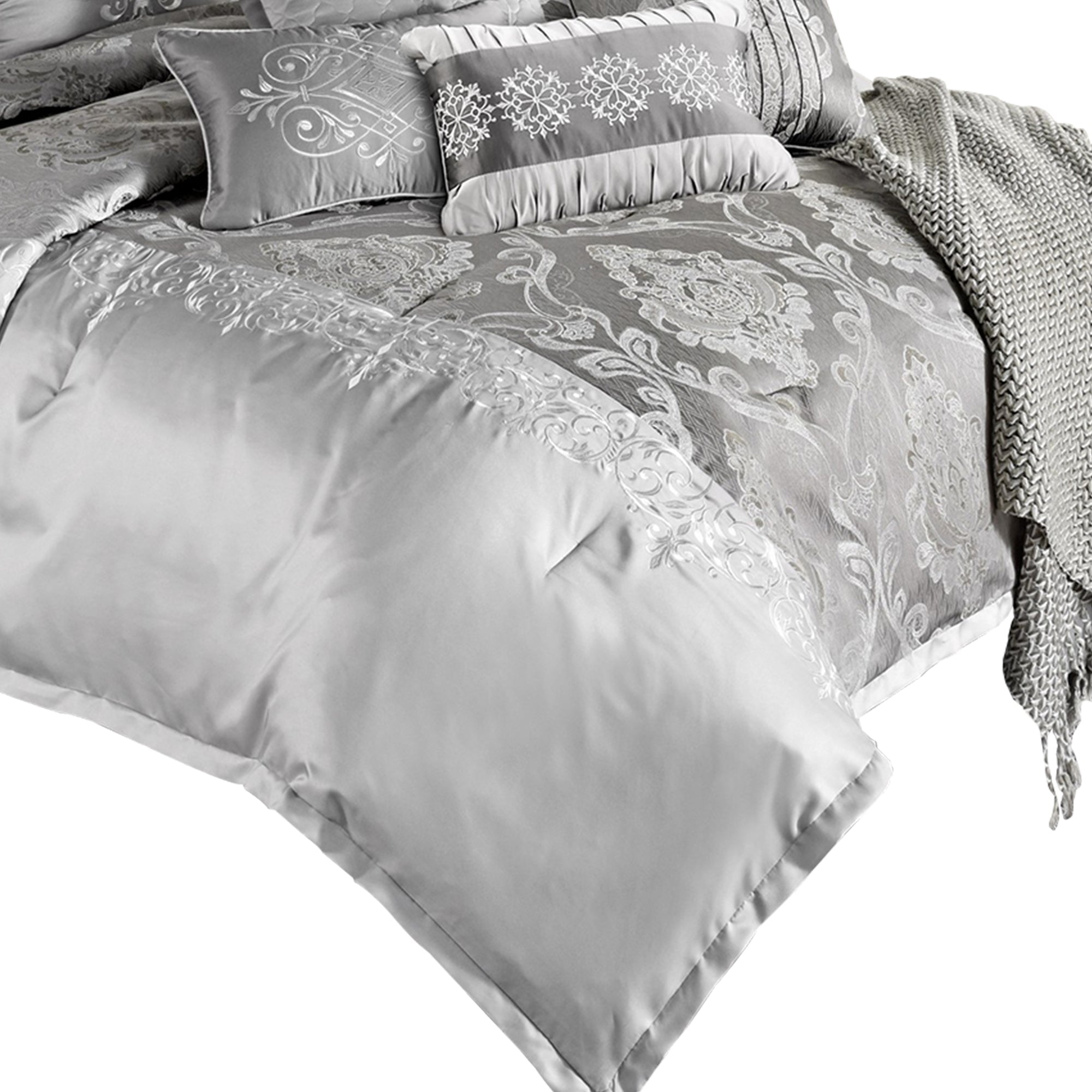 Benjara 12 Piece King Polyester Comforter Set with Medallion Print, Platinum Gray