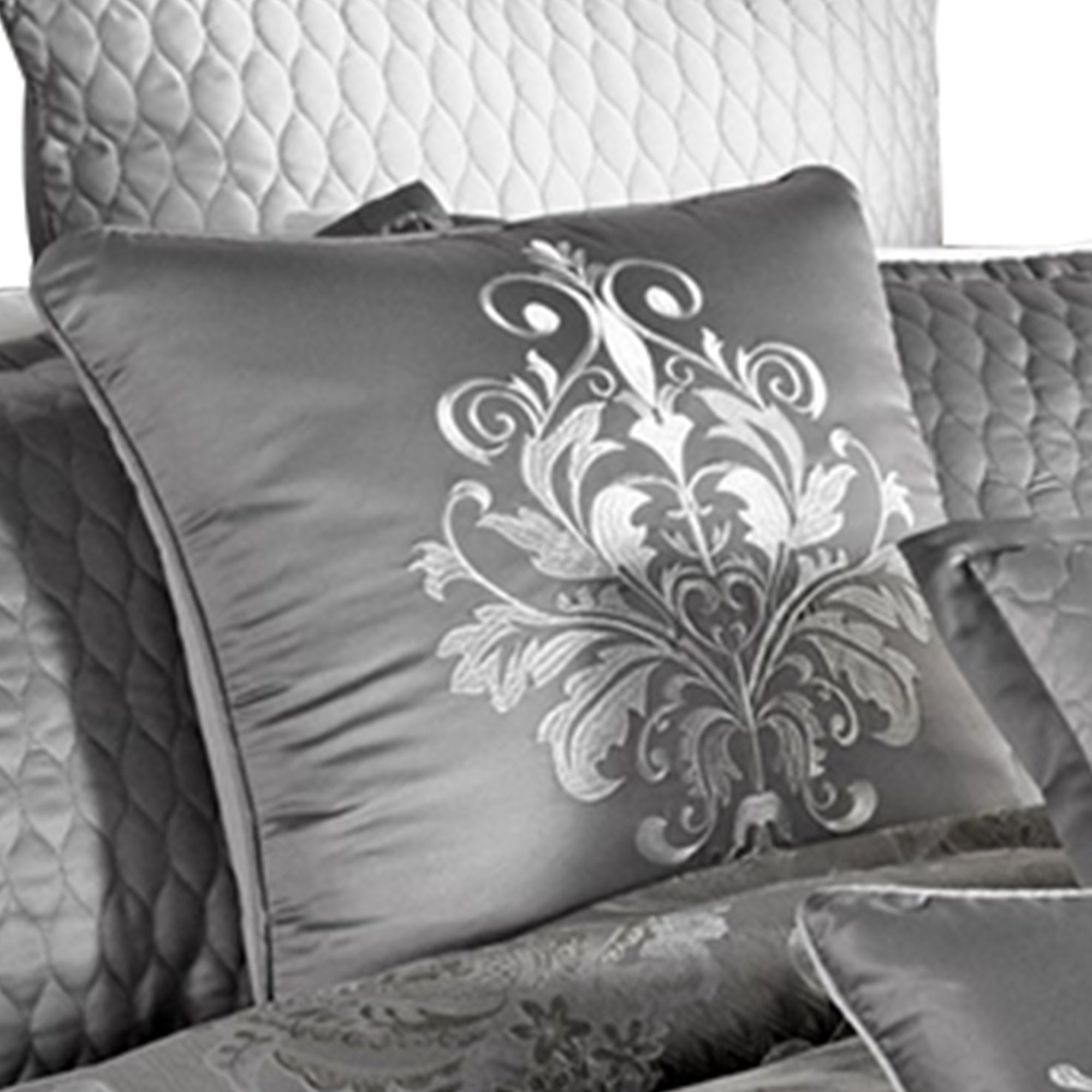 Benjara 12 Piece King Polyester Comforter Set with Medallion Print, Platinum Gray