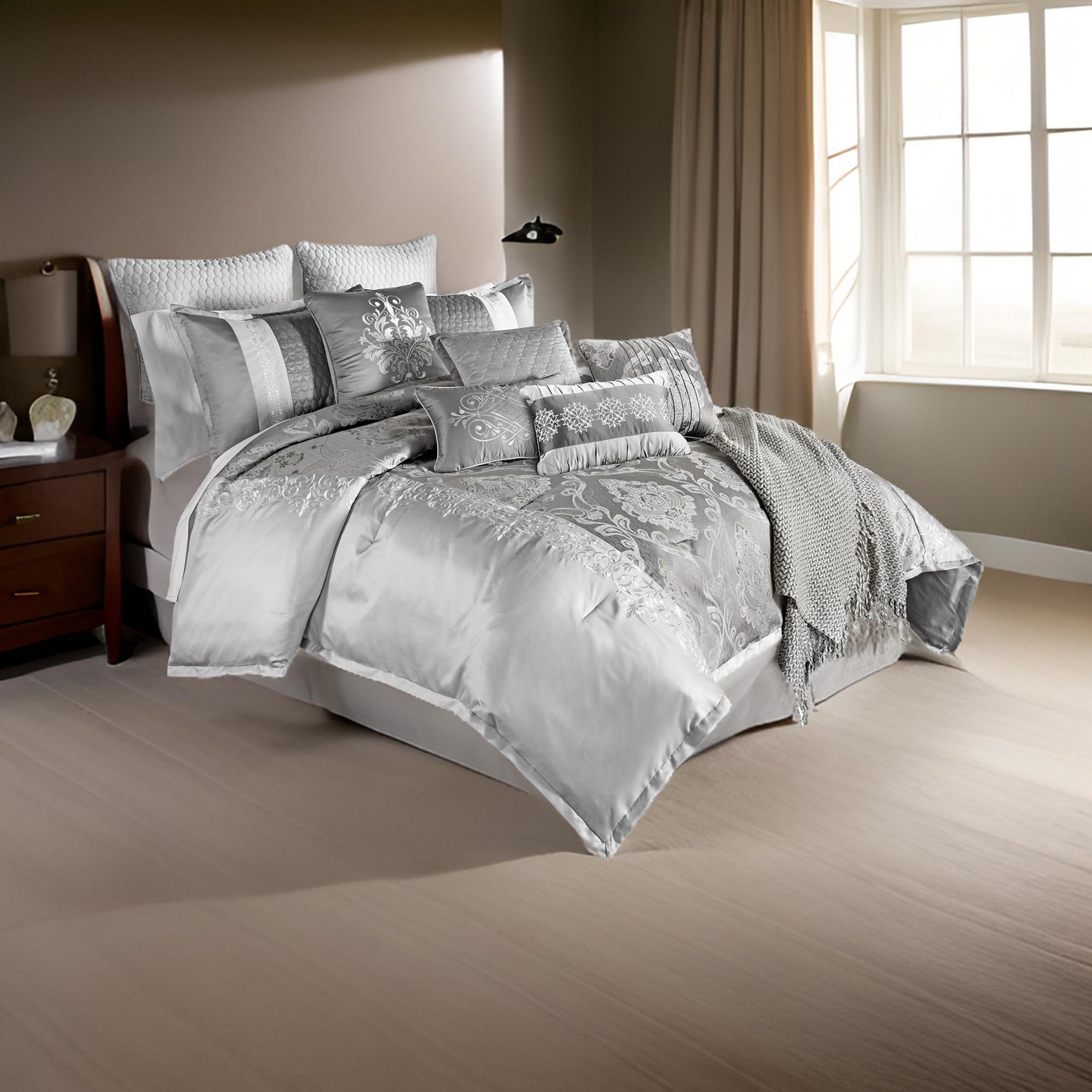 Benjara 12 Piece King Polyester Comforter Set with Medallion Print, Platinum Gray