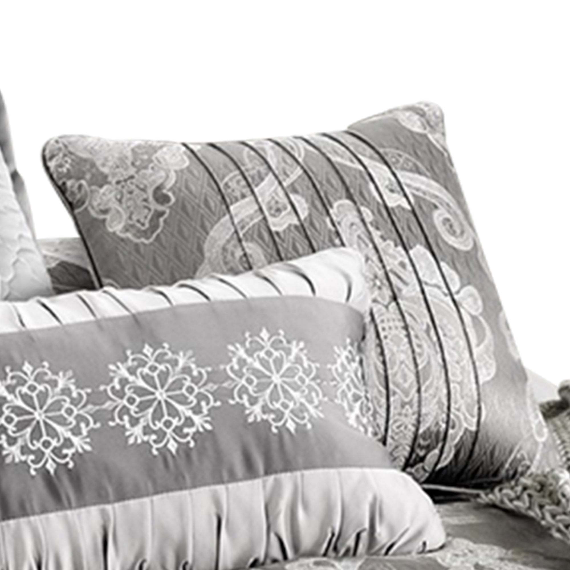 Benjara 12 Piece Queen Polyester Comforter Set with Medallion Print, Platinum Gray