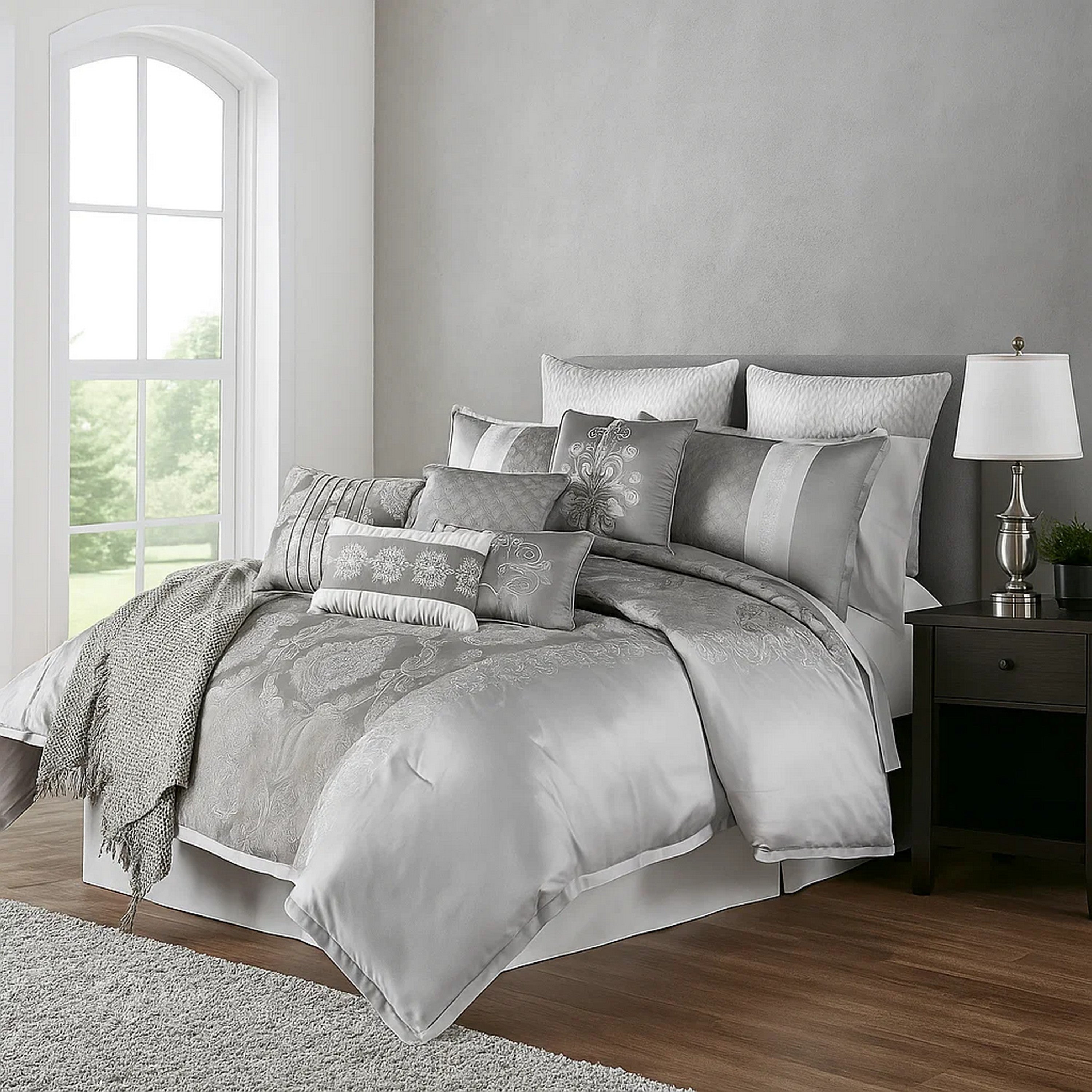 Benjara 12 Piece Queen Polyester Comforter Set with Medallion Print, Platinum Gray