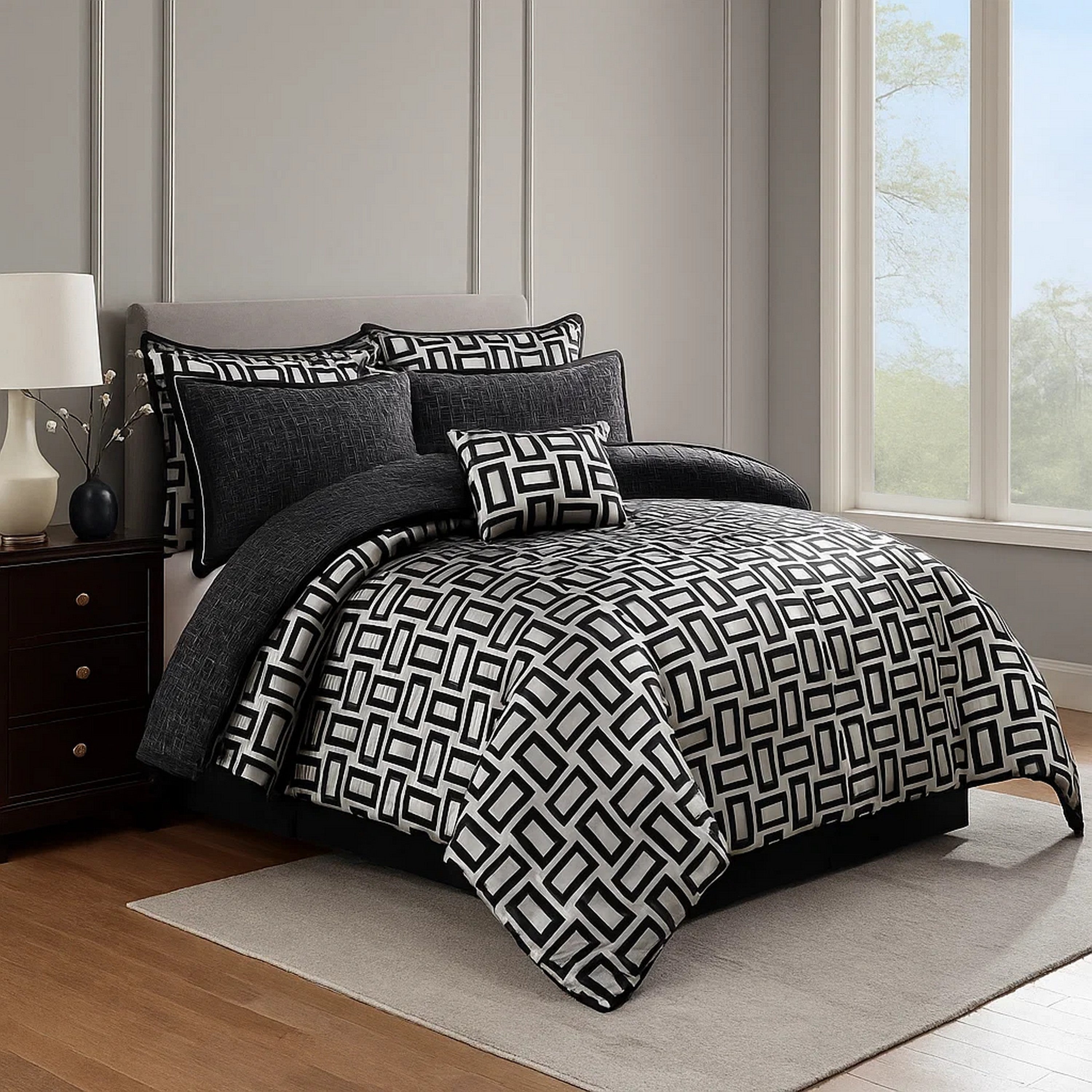 Benjara 6 Piece Polyester King Comforter Set with Geometric Print, Gray And Black