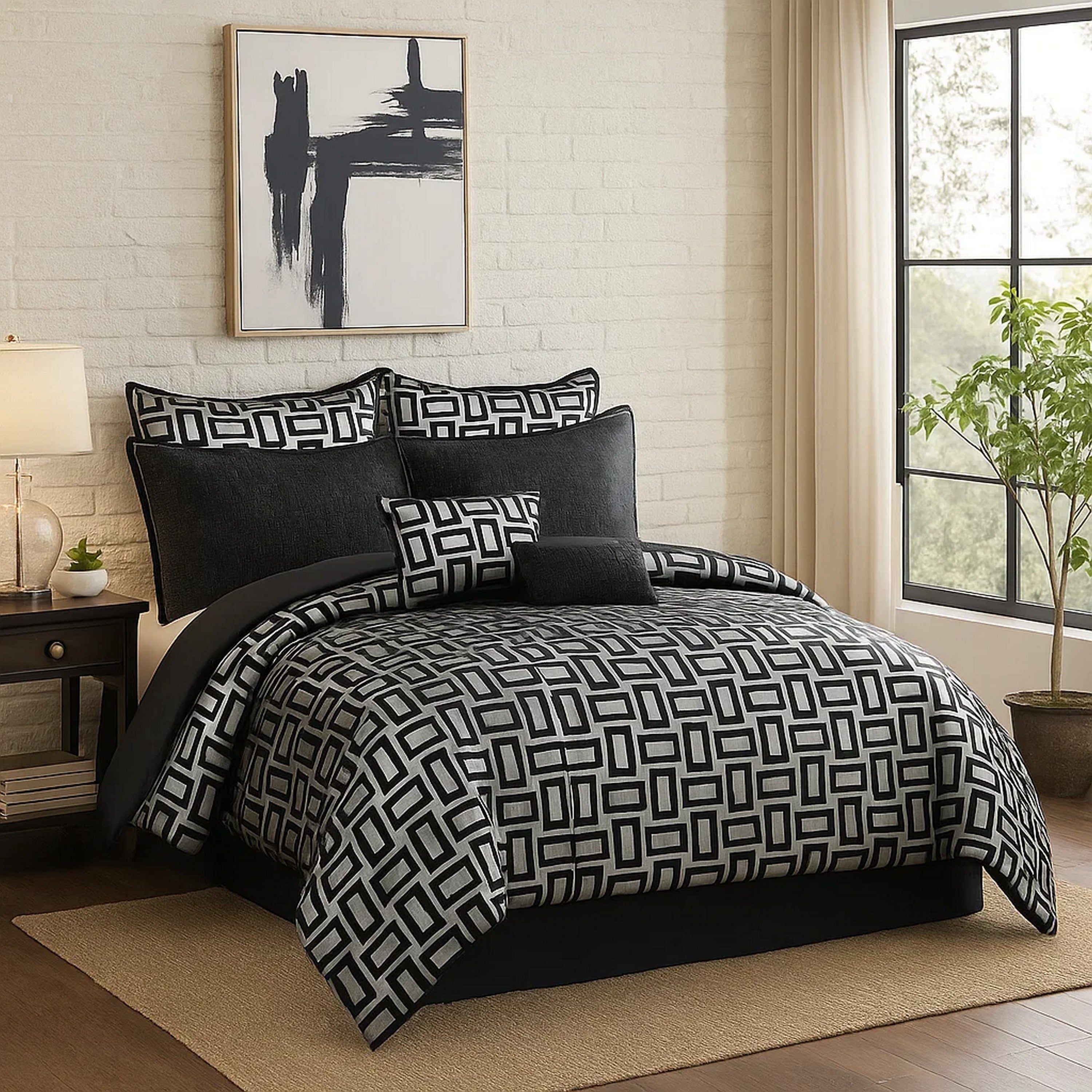 Benjara 6 Piece Polyester King Comforter Set with Geometric Print, Gray And Black