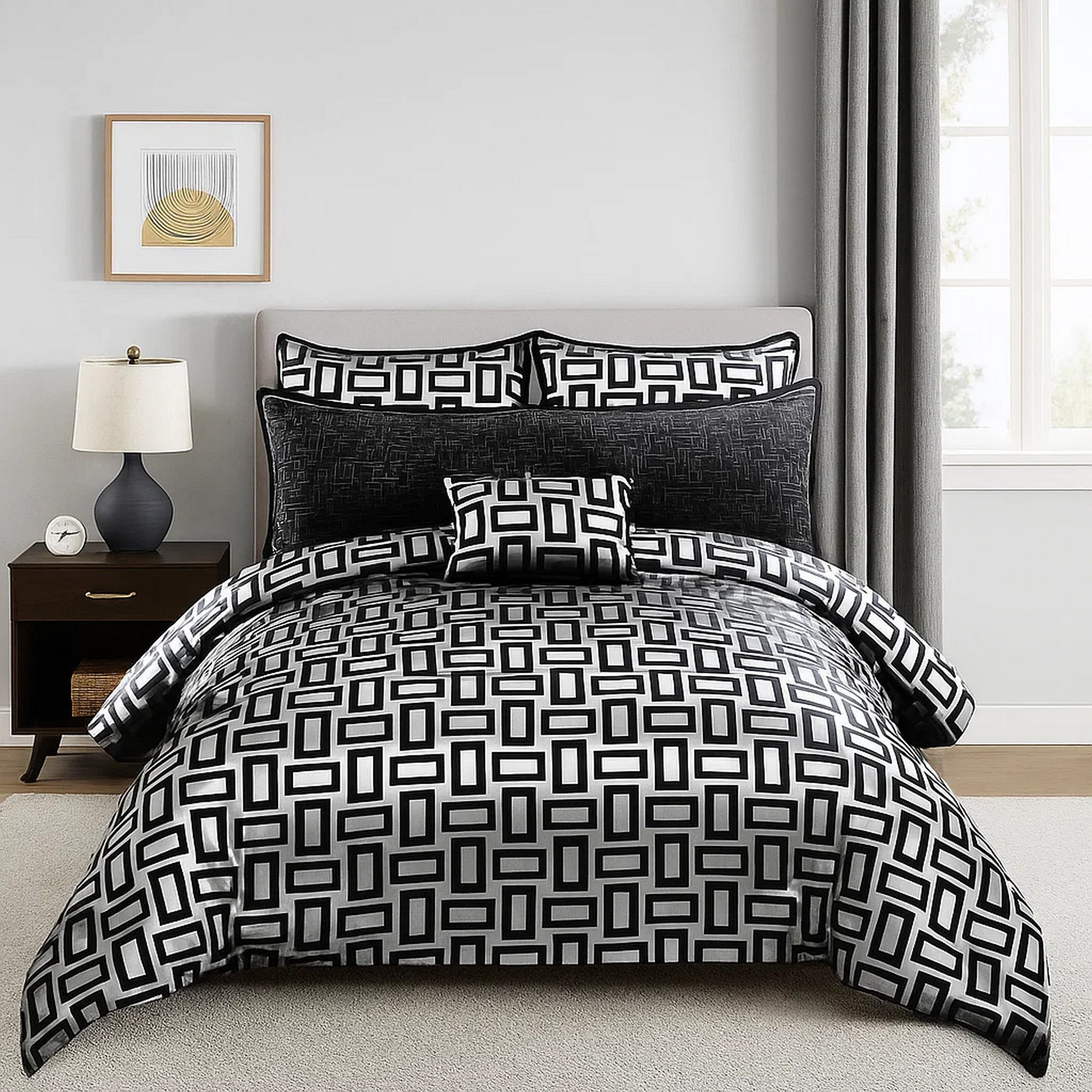 Benjara 6 Piece Polyester Queen Comforter Set with Geometric Print, Gray And Black