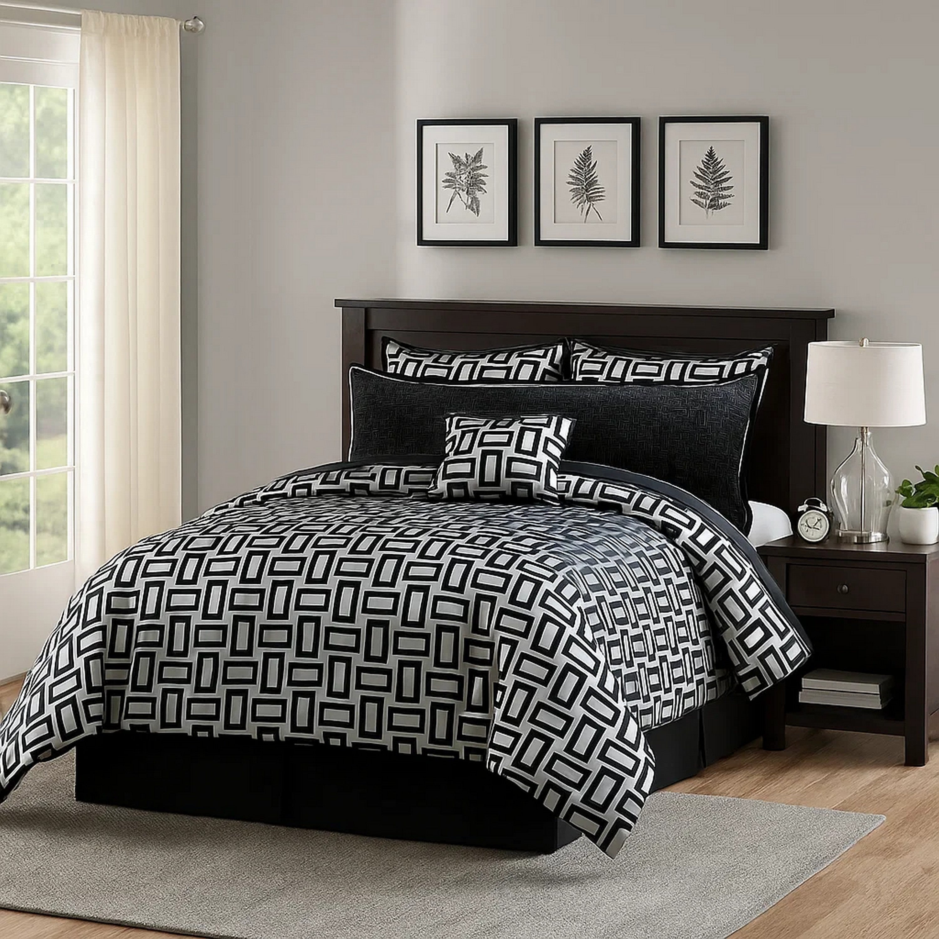 Benjara 6 Piece Polyester Queen Comforter Set with Geometric Print, Gray And Black