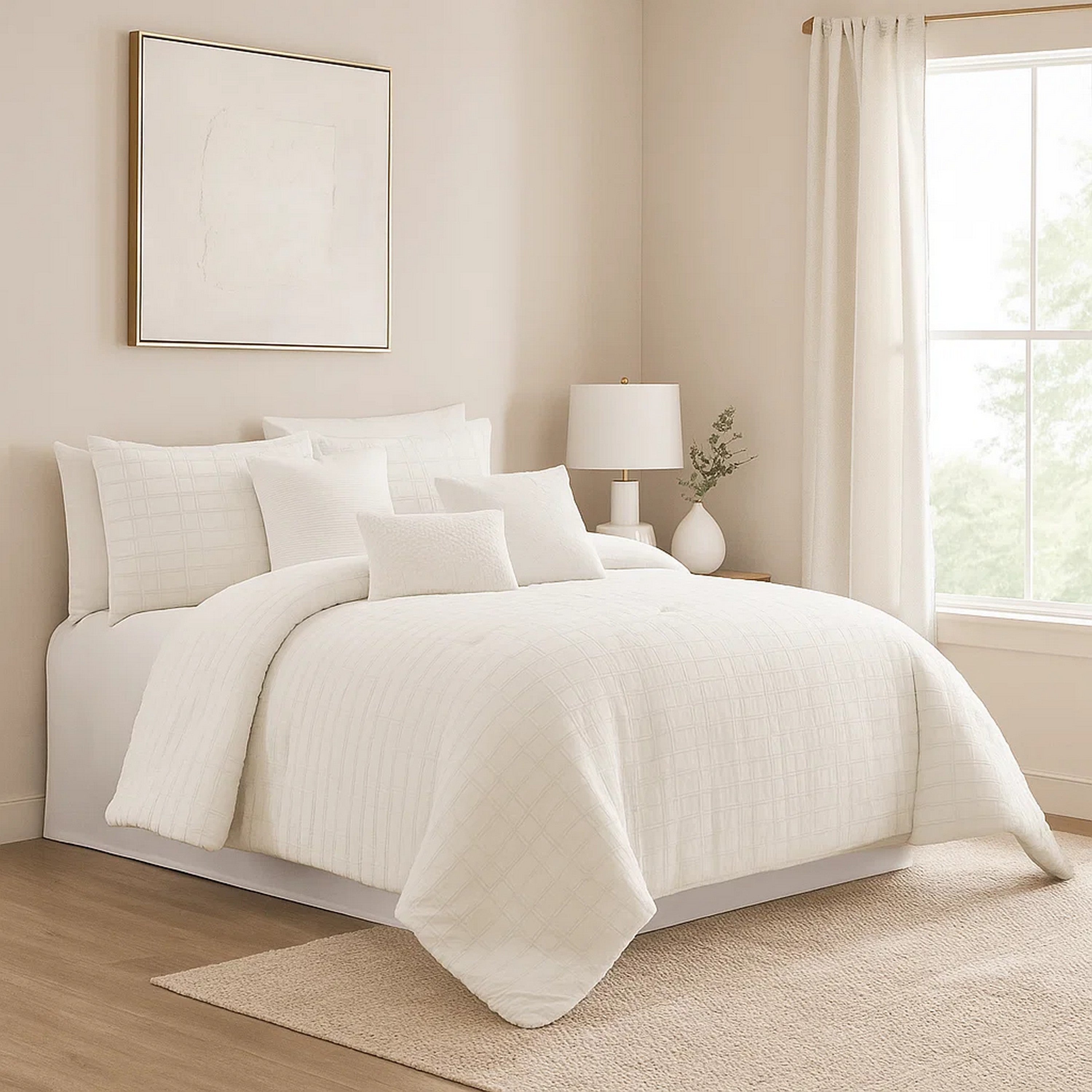 Benjara 6 Piece Cotton King Comforter Set with Fringe Details, White