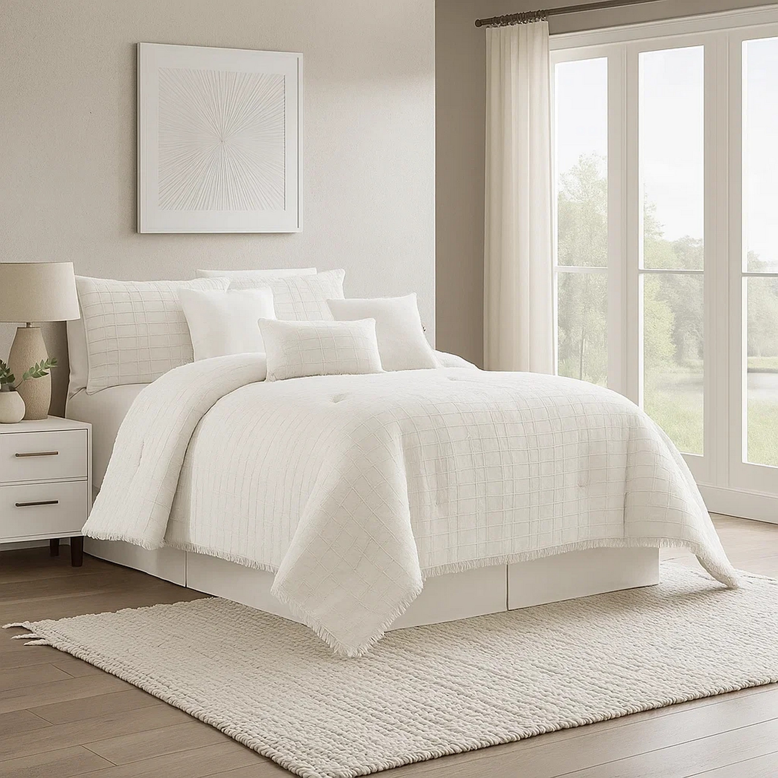 Benjara 7 Piece Cotton Queen Comforter Set with Fringe Details, White