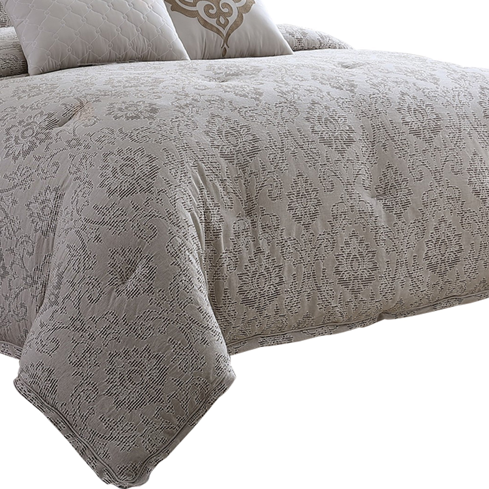 Benjara 10 Piece King Cotton Comforter Set with Textured Floral Print, Gray