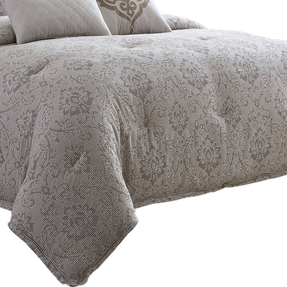 Benjara 10 Piece King Cotton Comforter Set with Textured Floral Print, Gray