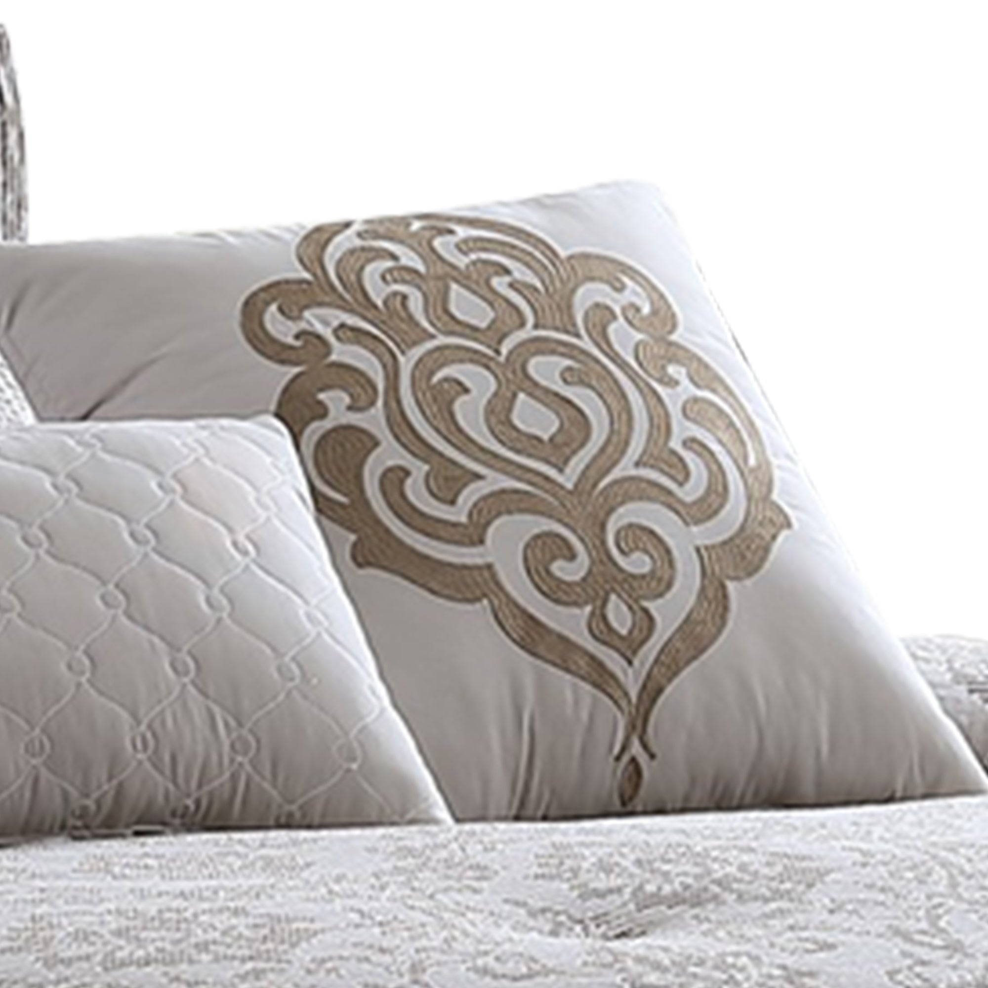 Benjara 10 Piece King Cotton Comforter Set with Textured Floral Print, Gray