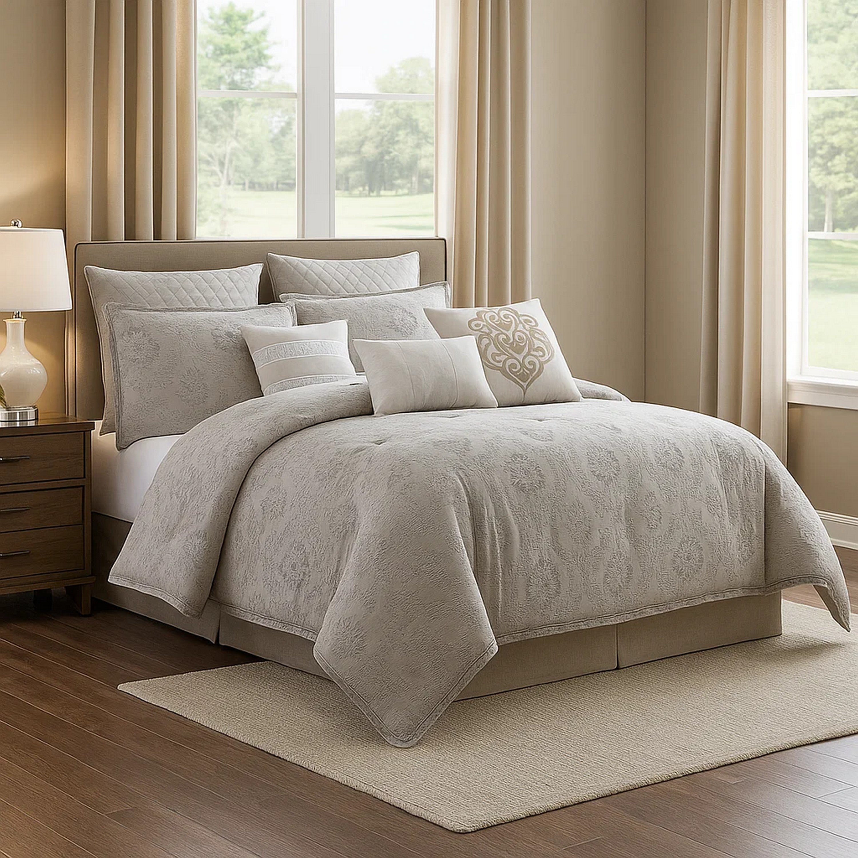 Benjara 10 Piece King Cotton Comforter Set with Textured Floral Print, Gray