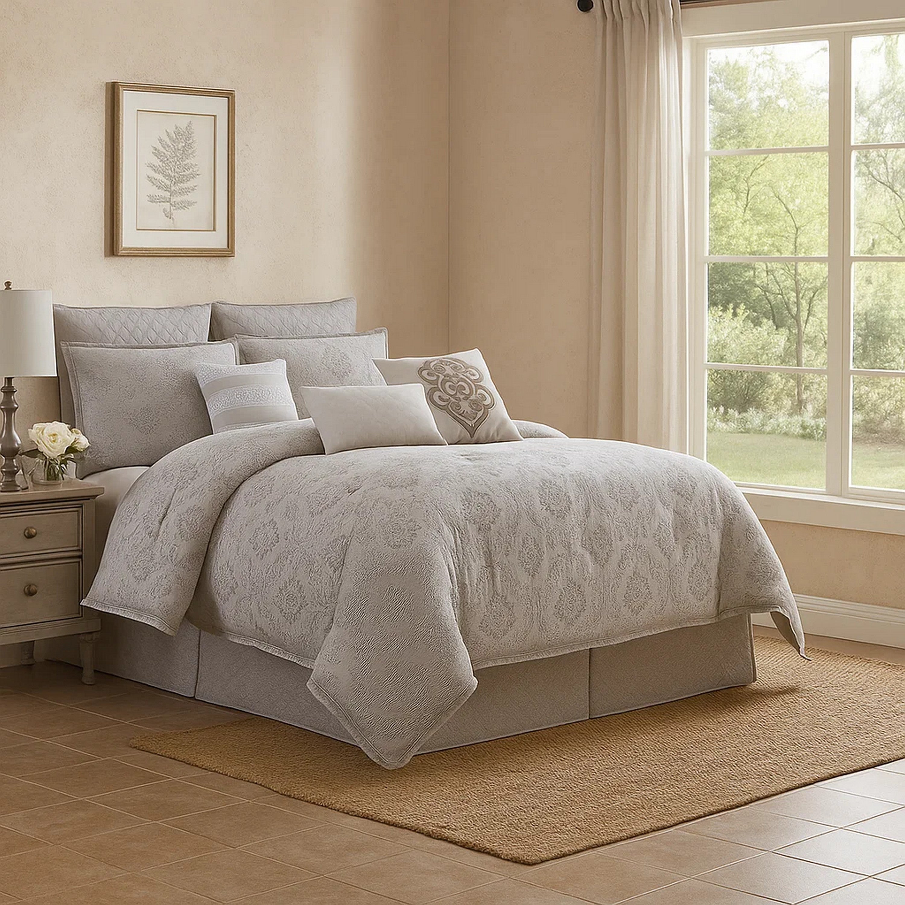 Benjara 9 Piece Queen Cotton Comforter Set with Textured Floral Print, Gray