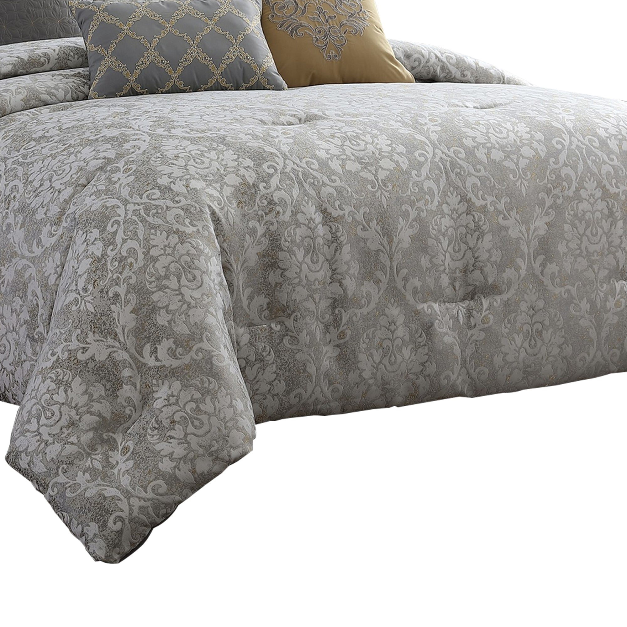 Benjara 9 Piece King Polyester Comforter Set with Medallion Print, Gray And Gold