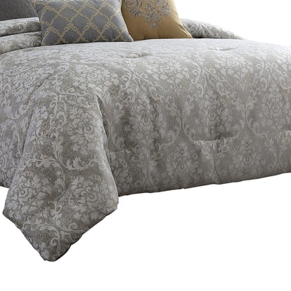 Benjara 9 Piece King Polyester Comforter Set with Medallion Print, Gray And Gold