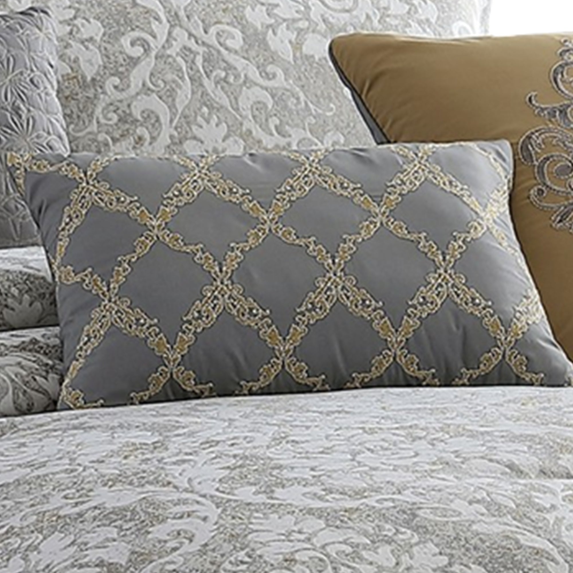 Benjara 8 Piece Queen Polyester Comforter Set with Medallion Print, Gray And Gold