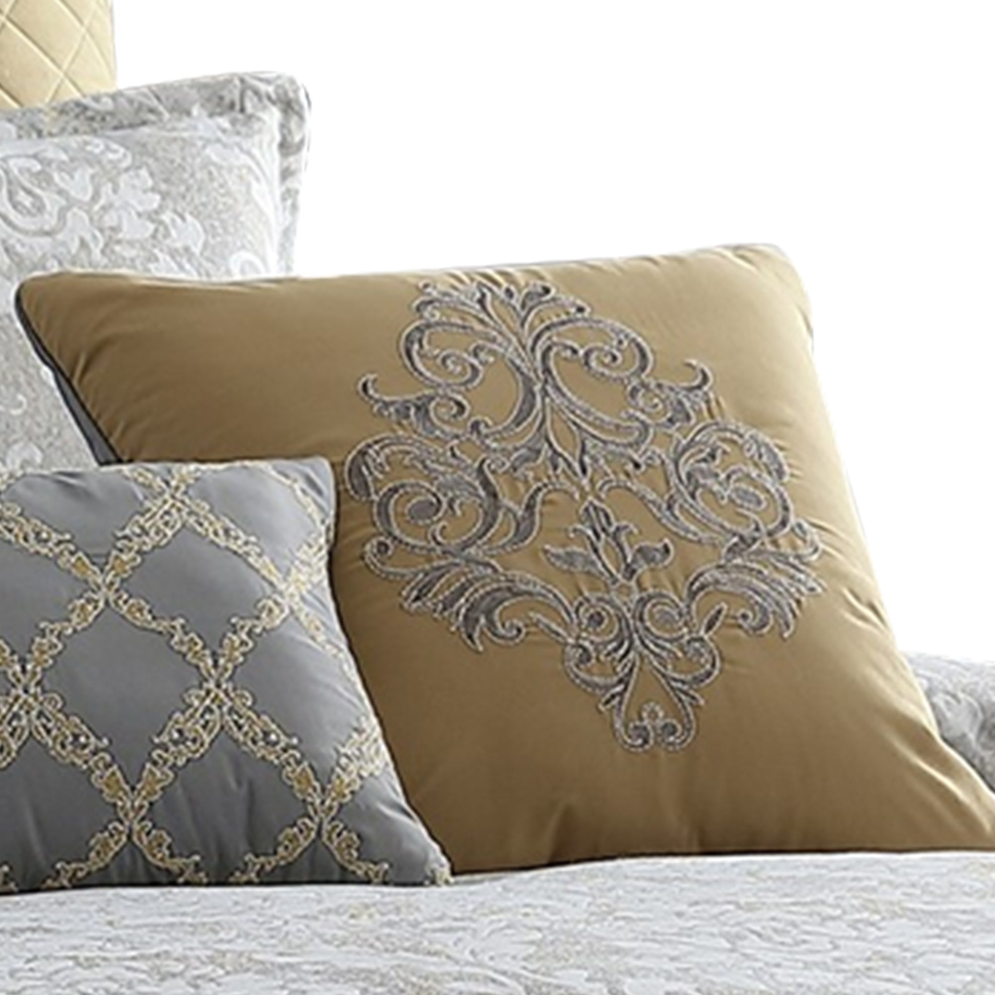 Benjara 8 Piece Queen Polyester Comforter Set with Medallion Print, Gray And Gold