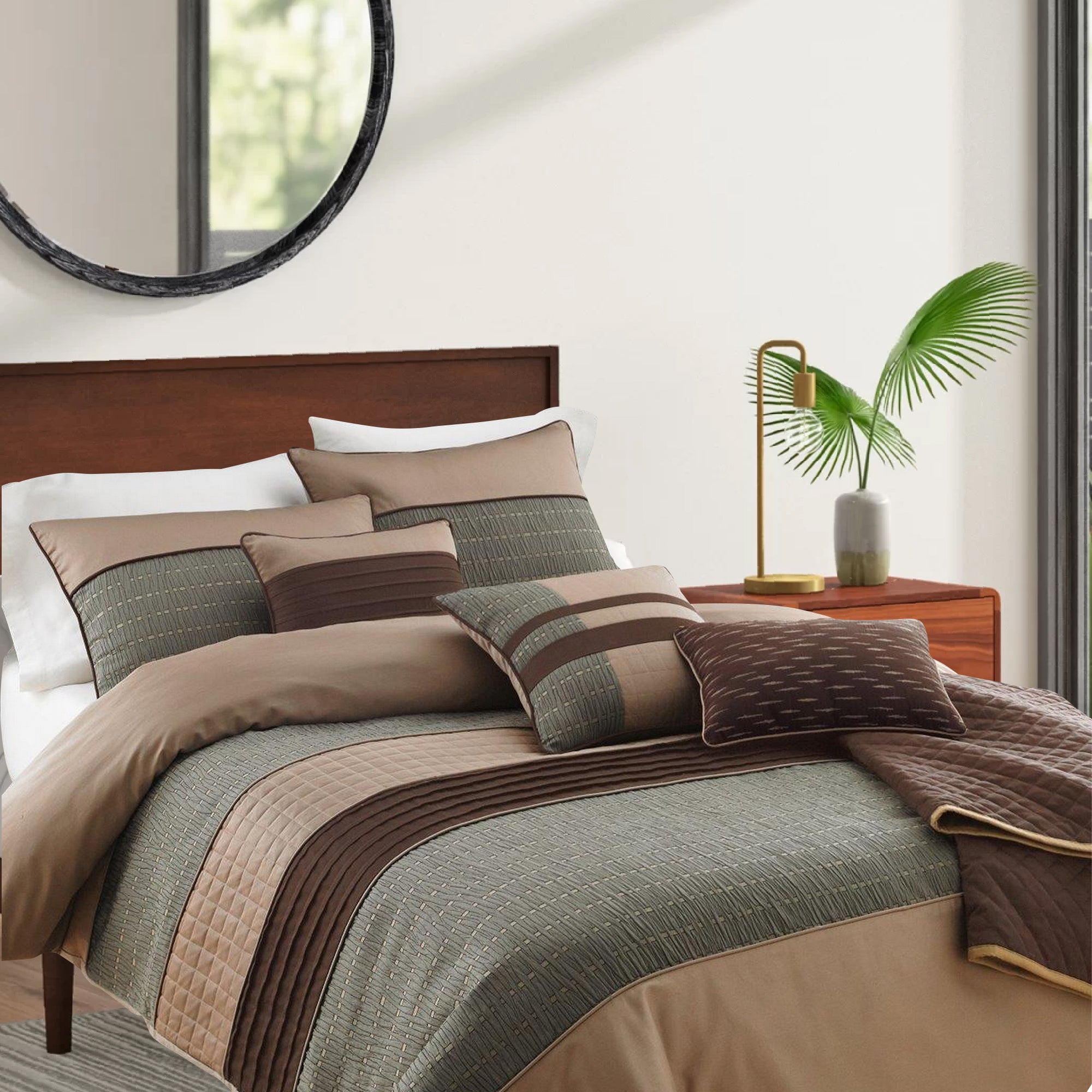 Benjara 7 Piece King Polyester Comforter Set with Pleats And Texture, Gray And Brown