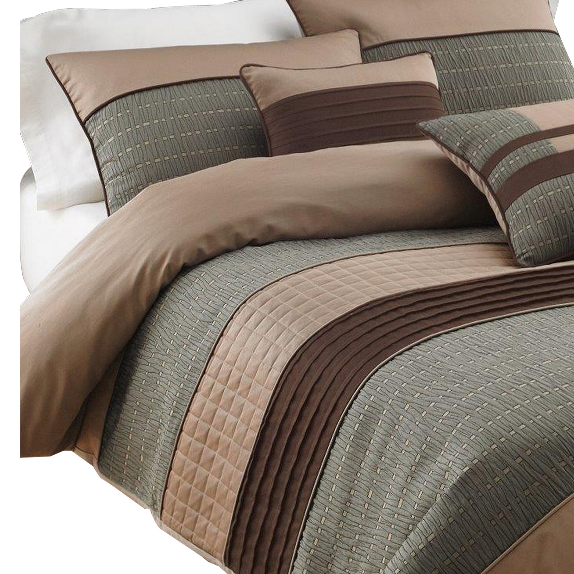 Benjara 7 Piece Queen Comforter Set with Pleats And Texture, Gray And Brown