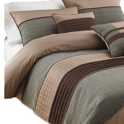 Benjara 7 Piece Queen Comforter Set with Pleats And Texture, Gray And Brown