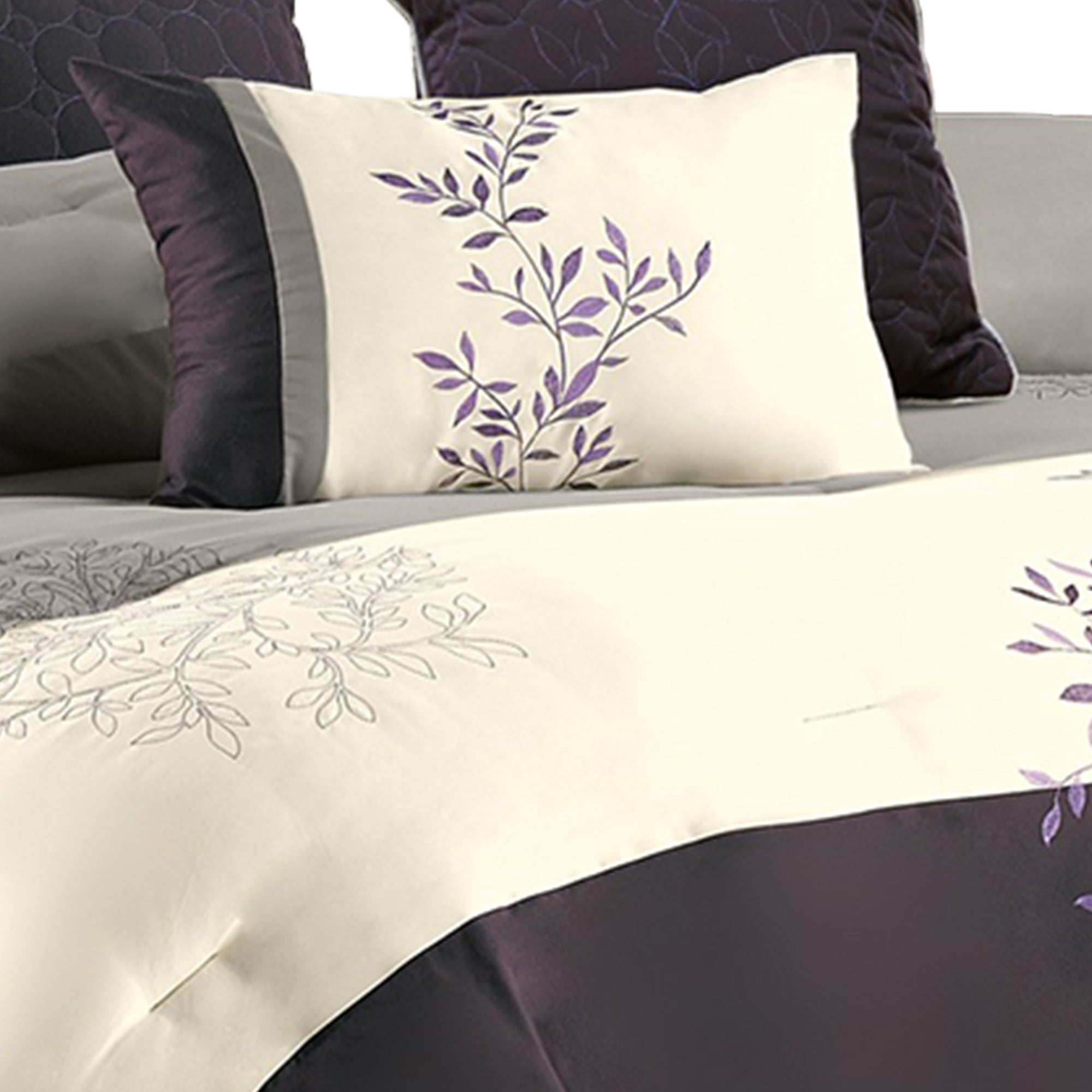 Benjara 7 Piece King Polyester Comforter Set with Leaf Embroidery, Gray And Purple