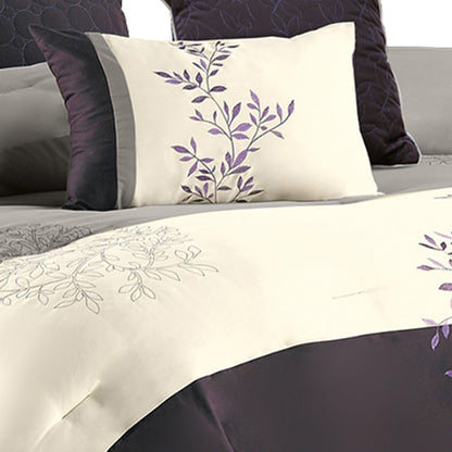 Benjara 7 Piece King Polyester Comforter Set with Leaf Embroidery, Gray And Purple