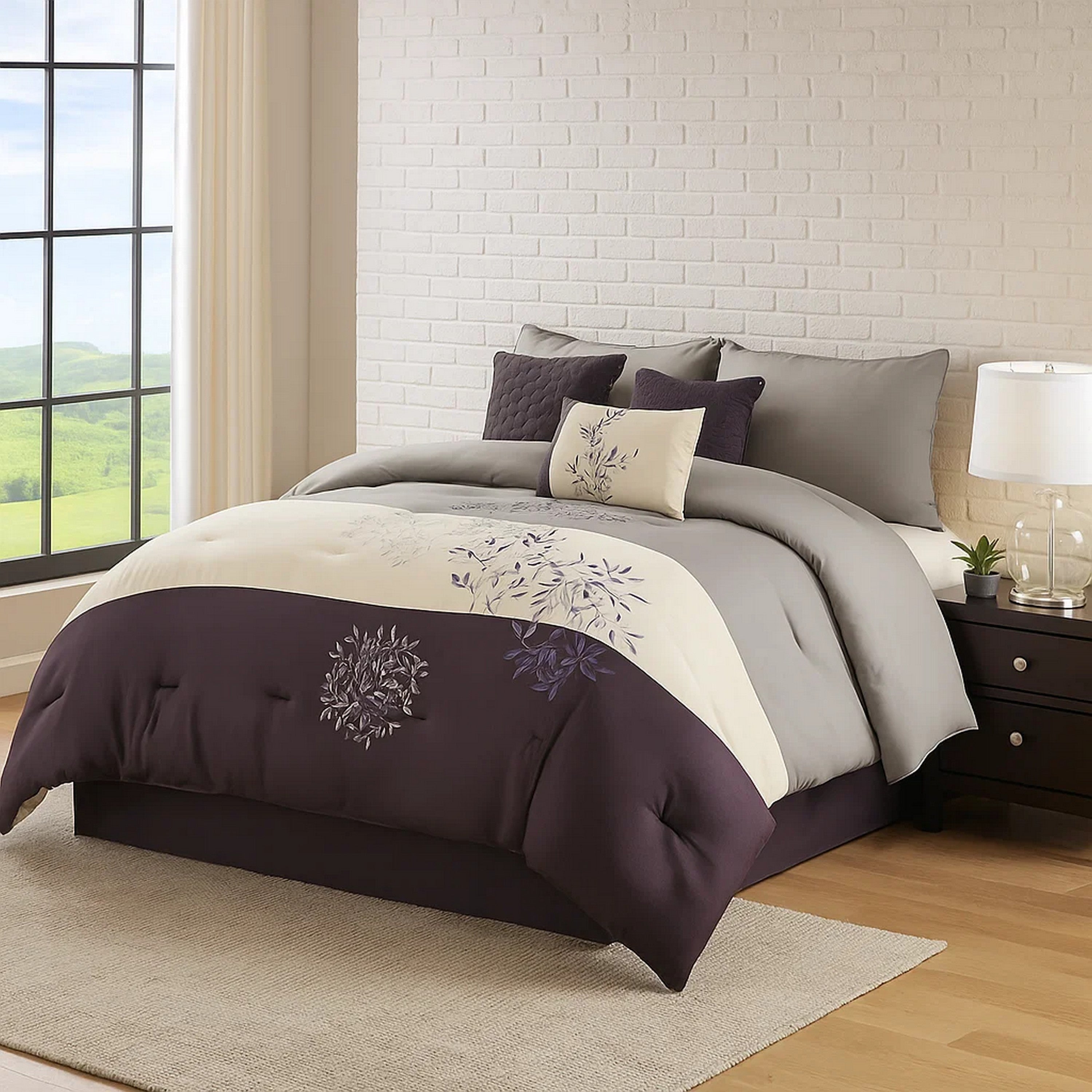 Benjara 7 Piece King Polyester Comforter Set with Leaf Embroidery, Gray And Purple