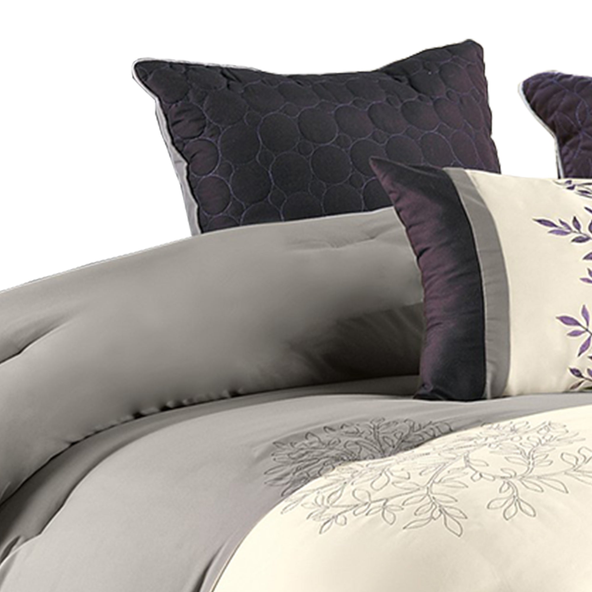 Benjara 7 Piece Queen Polyester Comforter Set with Leaf Embroidery, Gray And Purple