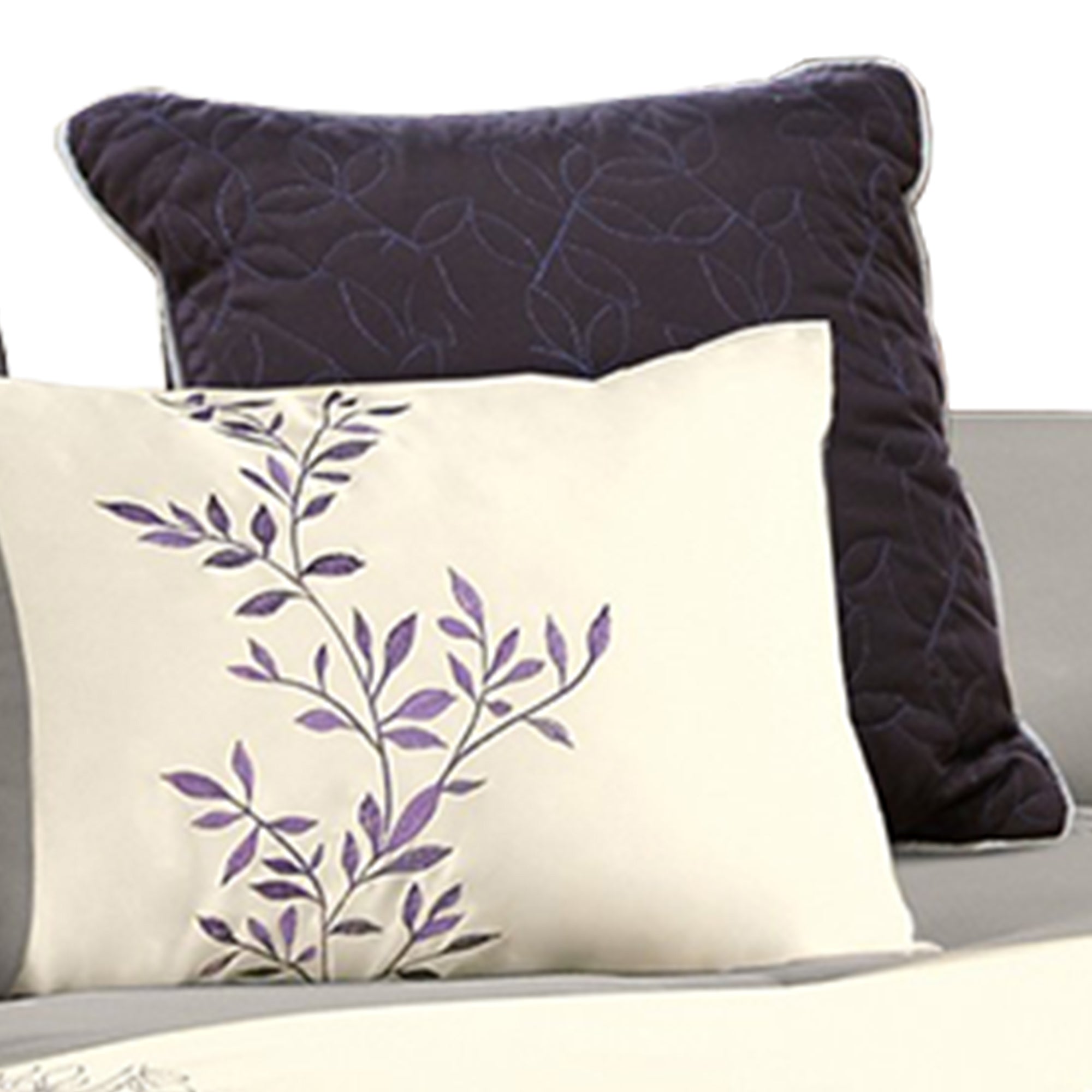Benjara 7 Piece Queen Polyester Comforter Set with Leaf Embroidery, Gray And Purple