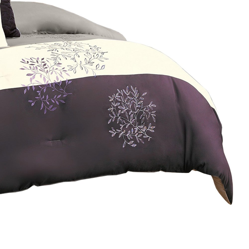 Benjara 7 Piece Queen Polyester Comforter Set with Leaf Embroidery, Gray And Purple