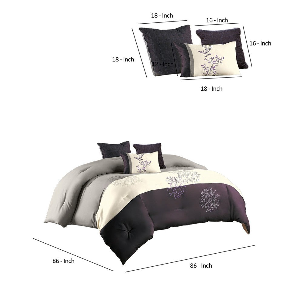 Benjara 7 Piece Queen Polyester Comforter Set with Leaf Embroidery, Gray And Purple