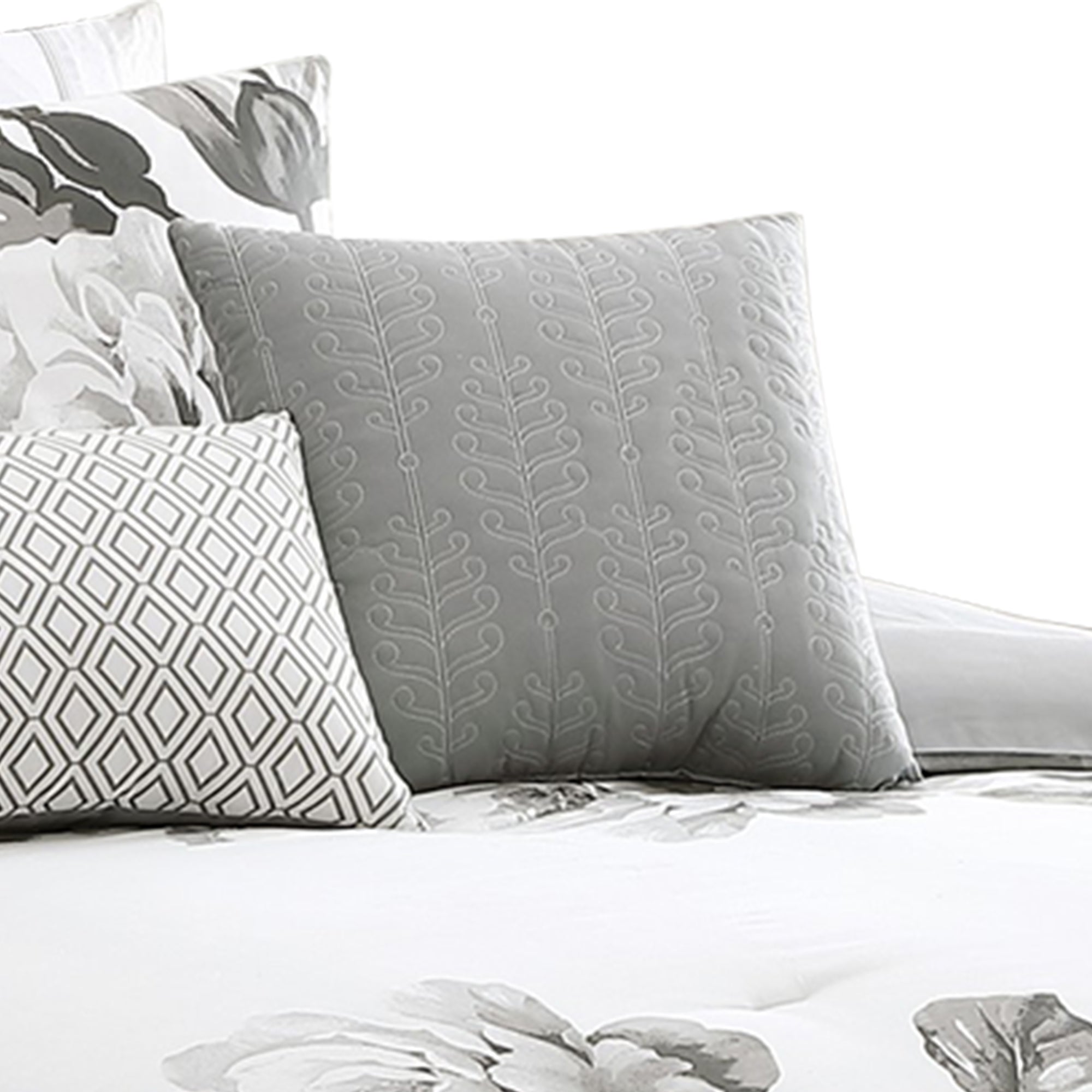 Benjara 7 Piece Cotton King Comforter Set with Floral Print, Gray And White