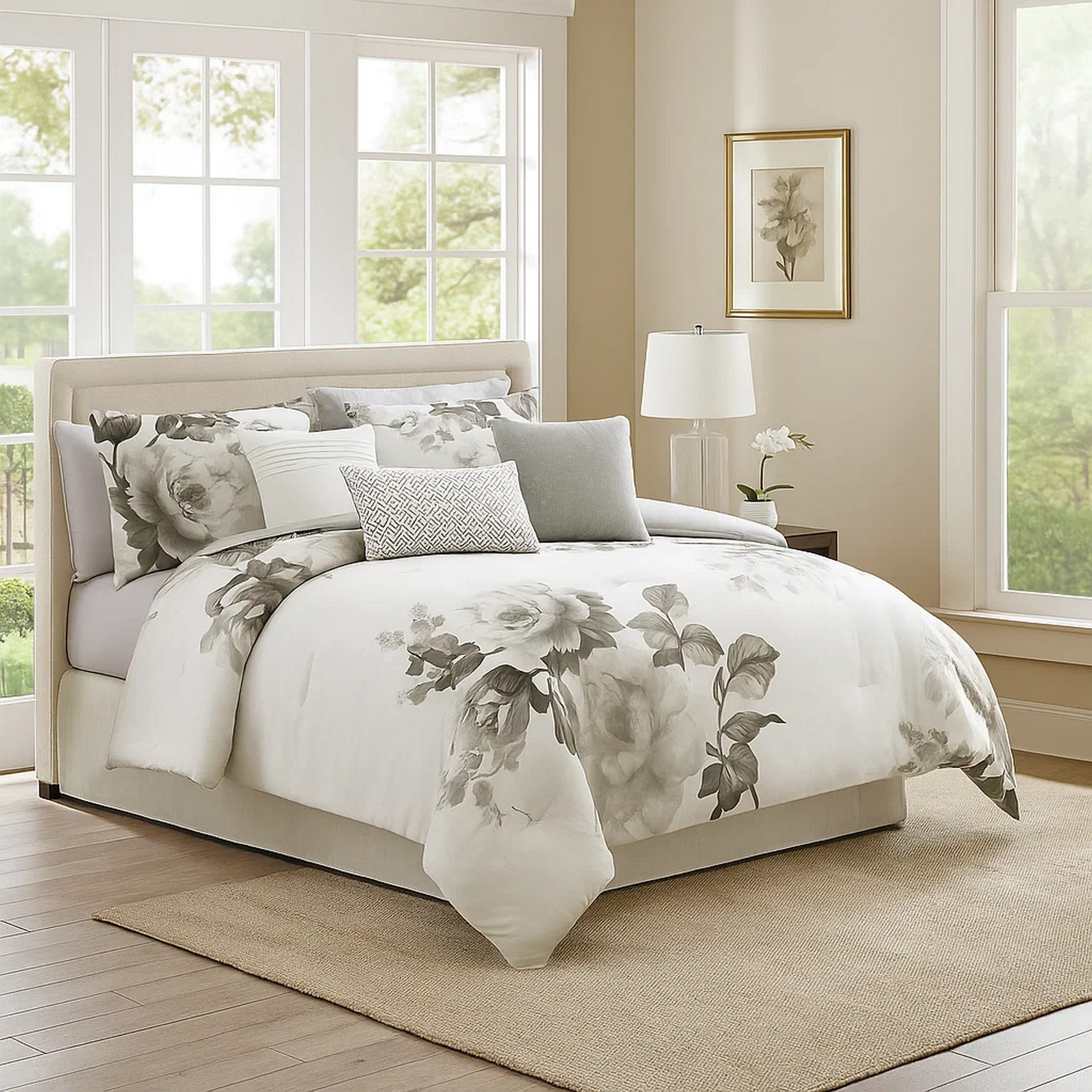 Benjara 7 Piece Cotton King Comforter Set with Floral Print, Gray And White