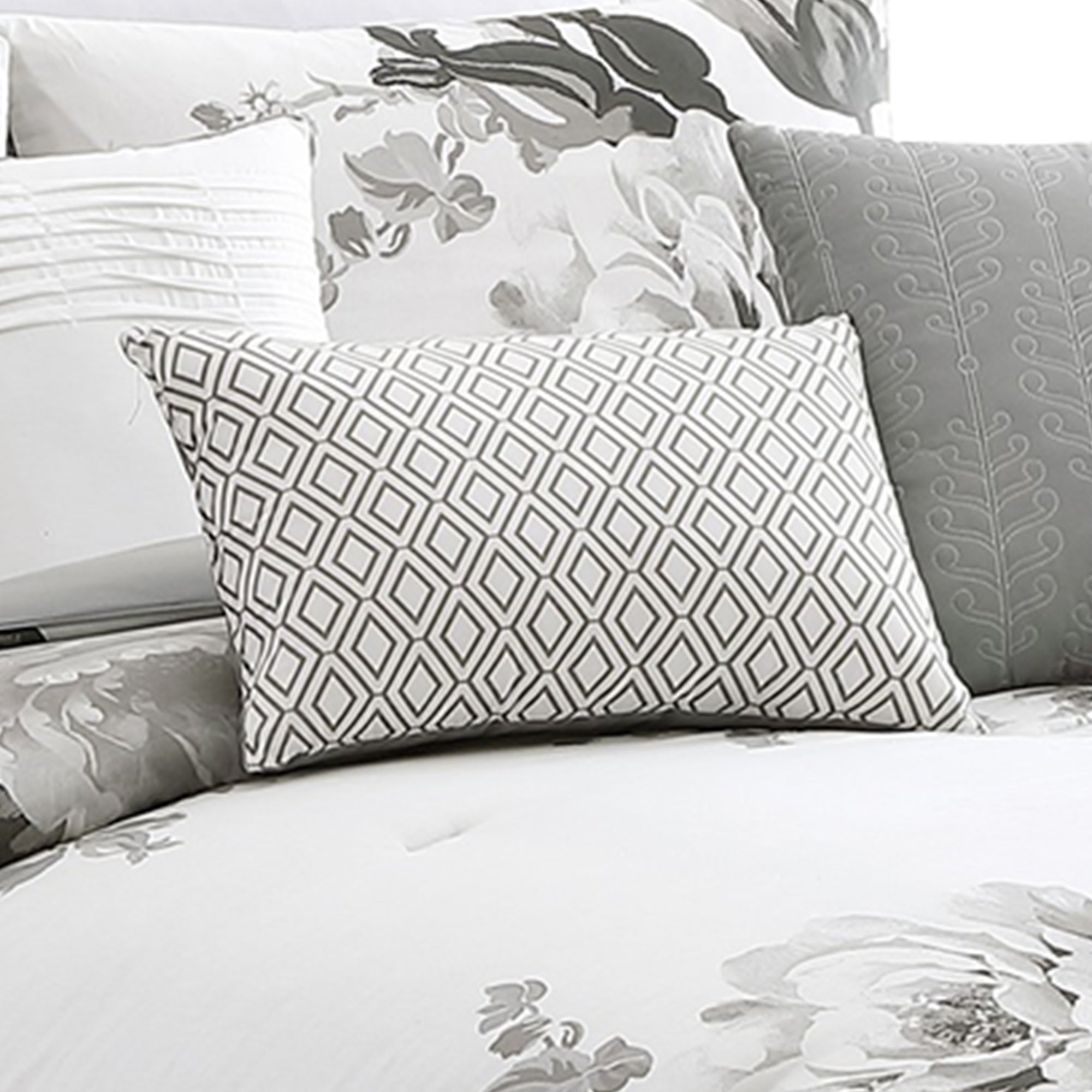 Benjara 7 Piece Cotton Queen Comforter Set with Floral Print, Gray And White