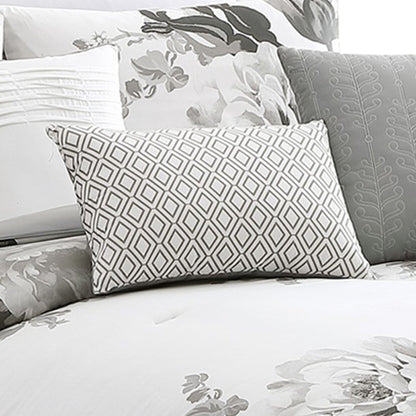 Benjara 7 Piece Cotton Queen Comforter Set with Floral Print, Gray And White