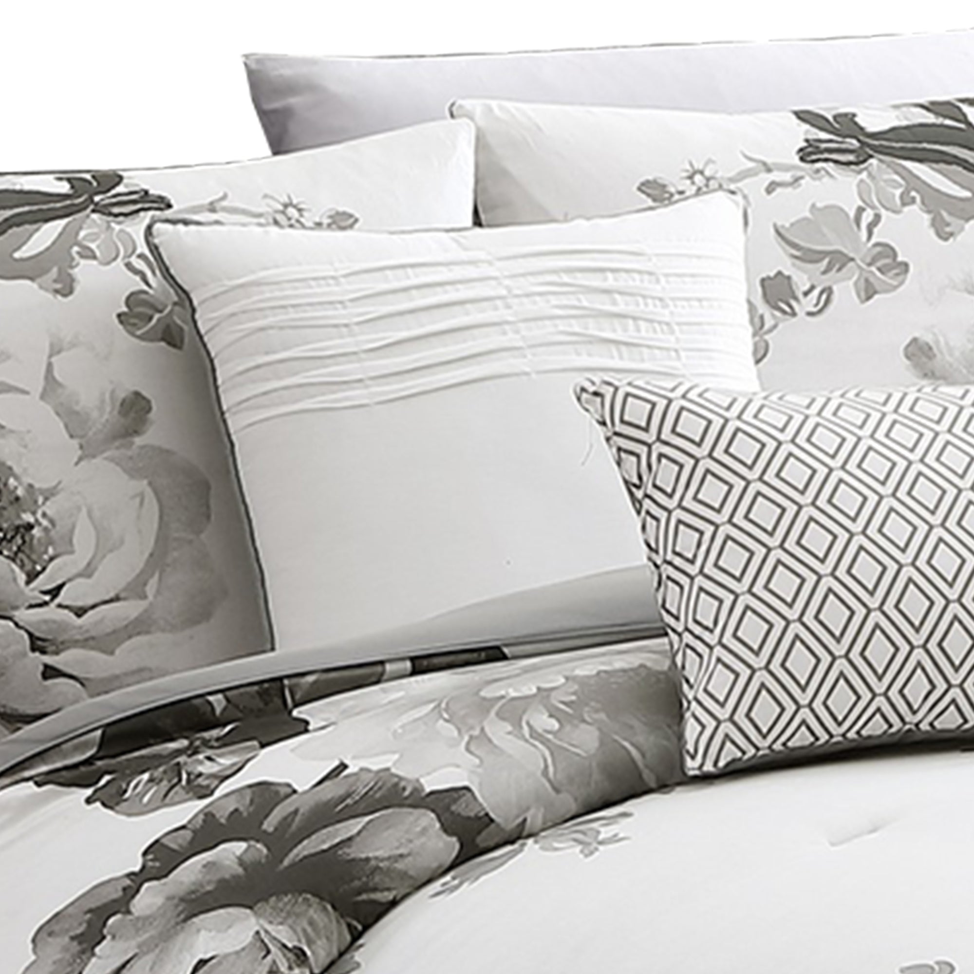 Benjara 7 Piece Cotton Queen Comforter Set with Floral Print, Gray And White