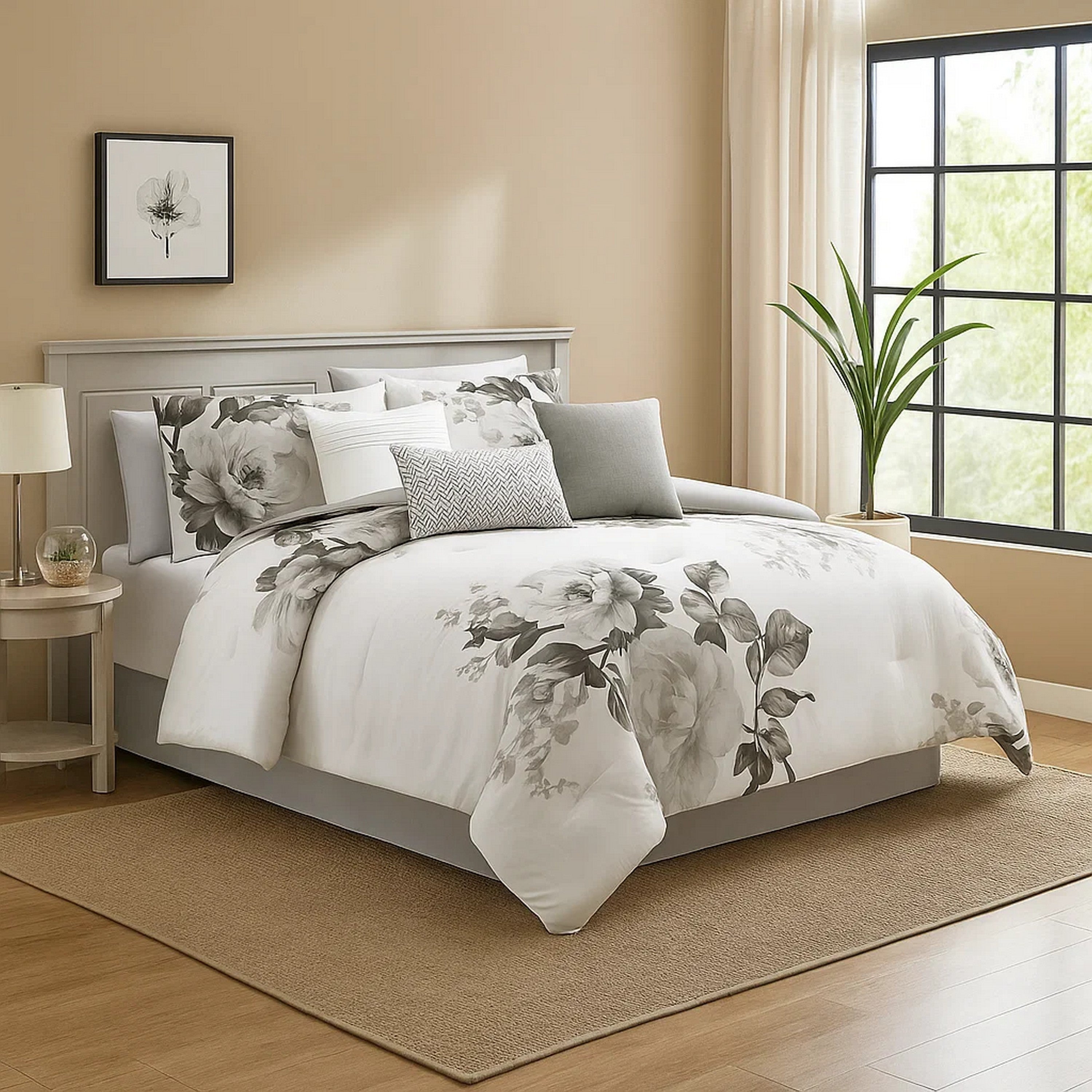 Benjara 7 Piece Cotton Queen Comforter Set with Floral Print, Gray And White