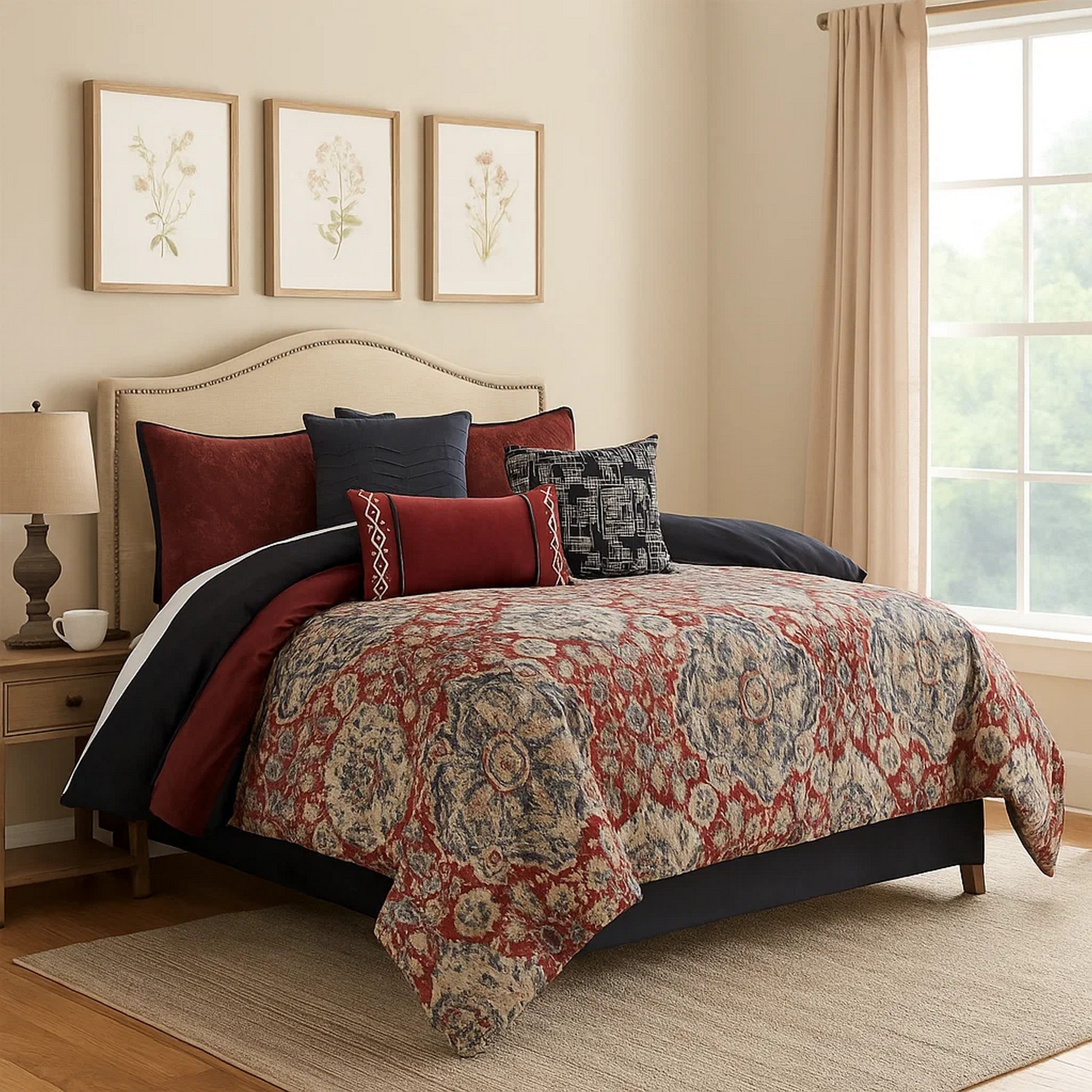 Benjara 10 Piece King Size Comforter Set with Medallion Print, Red And Blue
