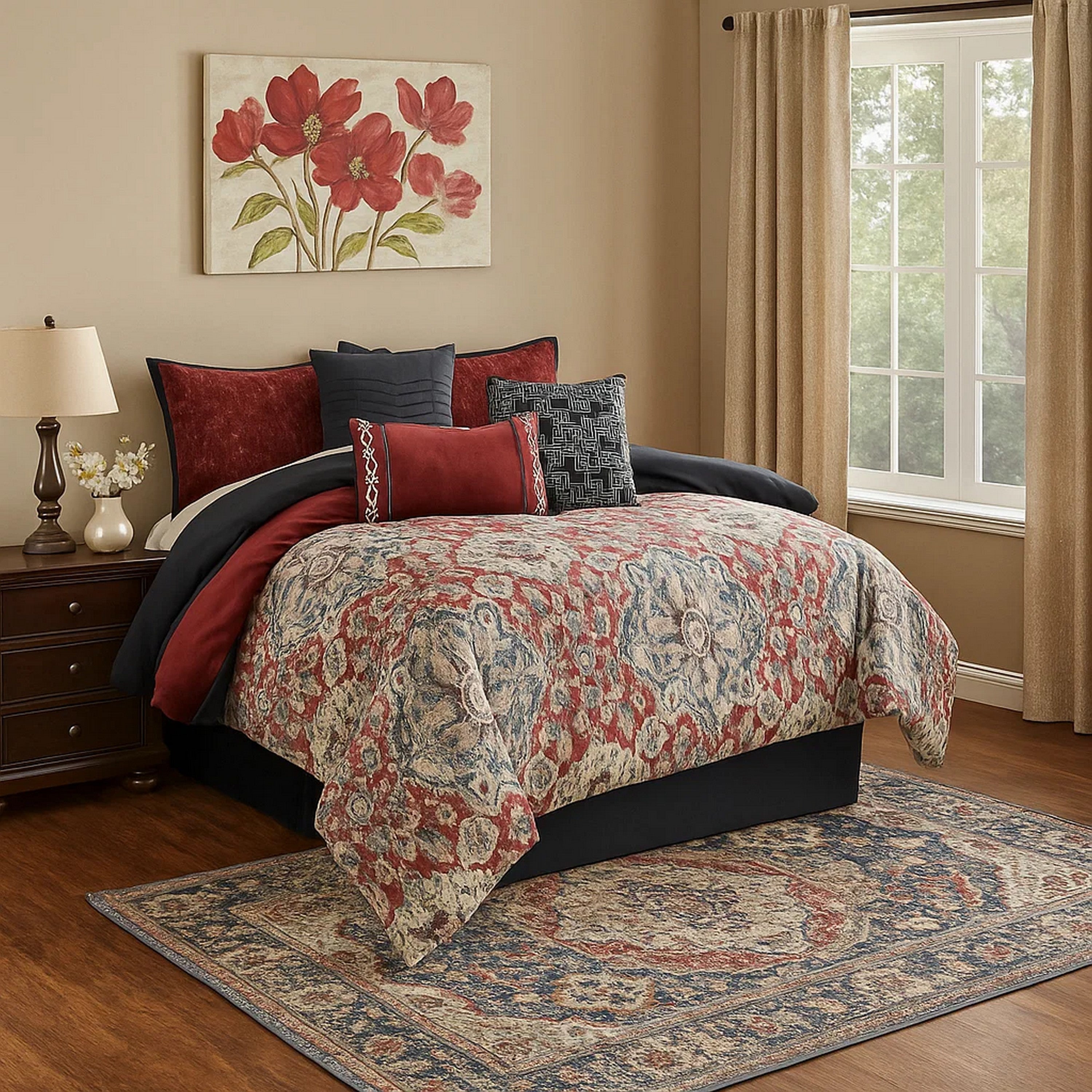 Benjara 9 Piece Queen Size Comforter Set with Medallion Print, Red And Blue
