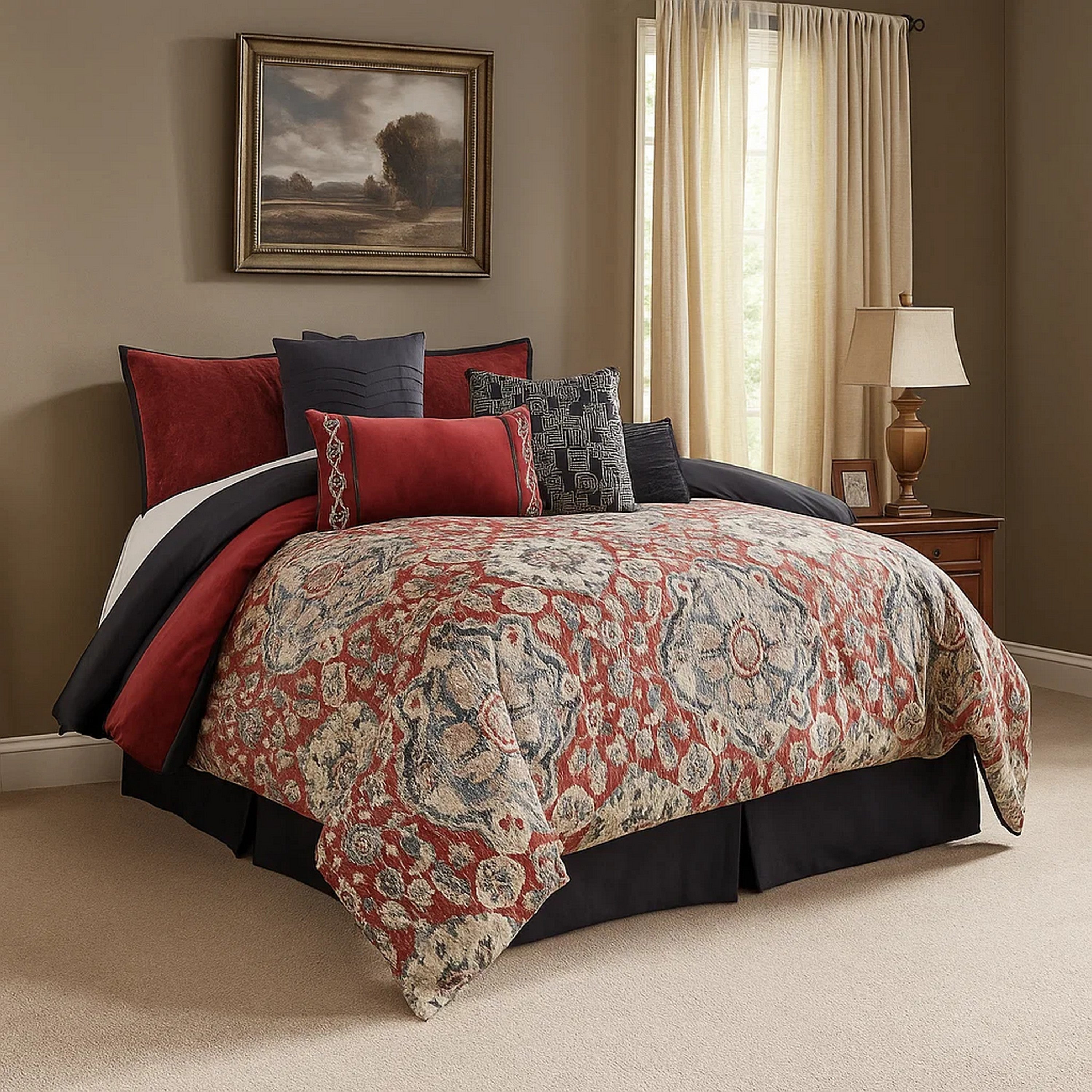 Benjara 9 Piece Queen Size Comforter Set with Medallion Print, Red And Blue