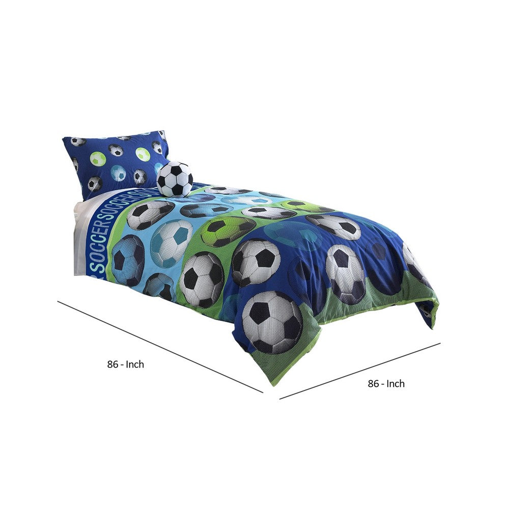 Benjara 3 Piece Twin Size Comforter Set with Soccer Theme, Multicolor