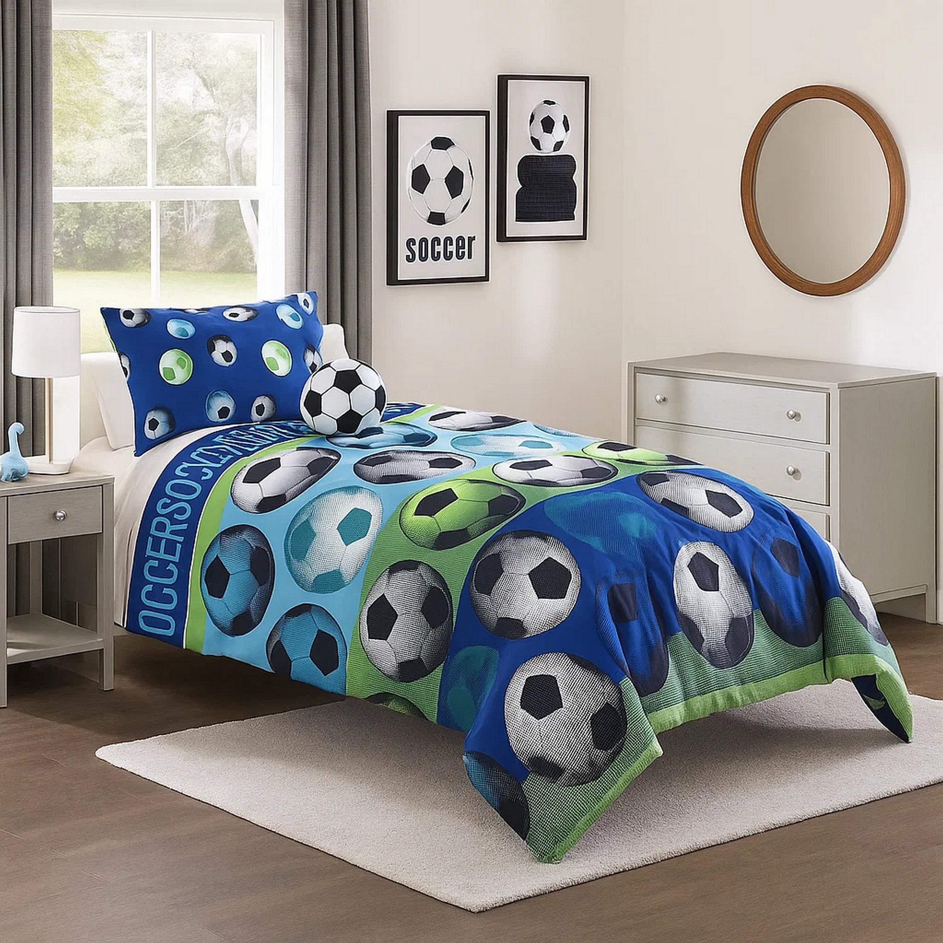 Benjara 4 Piece Full Size Comforter Set with Soccer Theme, Multicolor