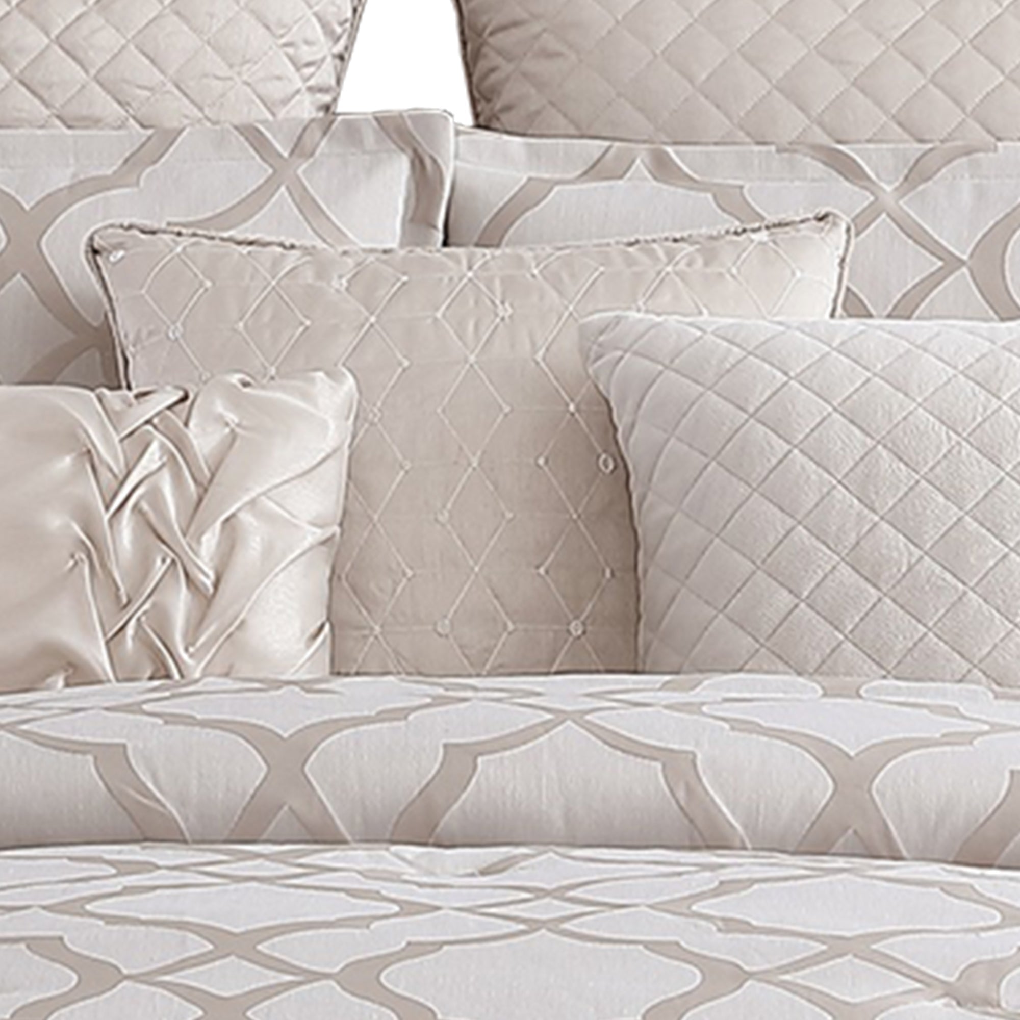 Benjara 10 Piece King Size Fabric Comforter Set with Quatrefoil Prints, White