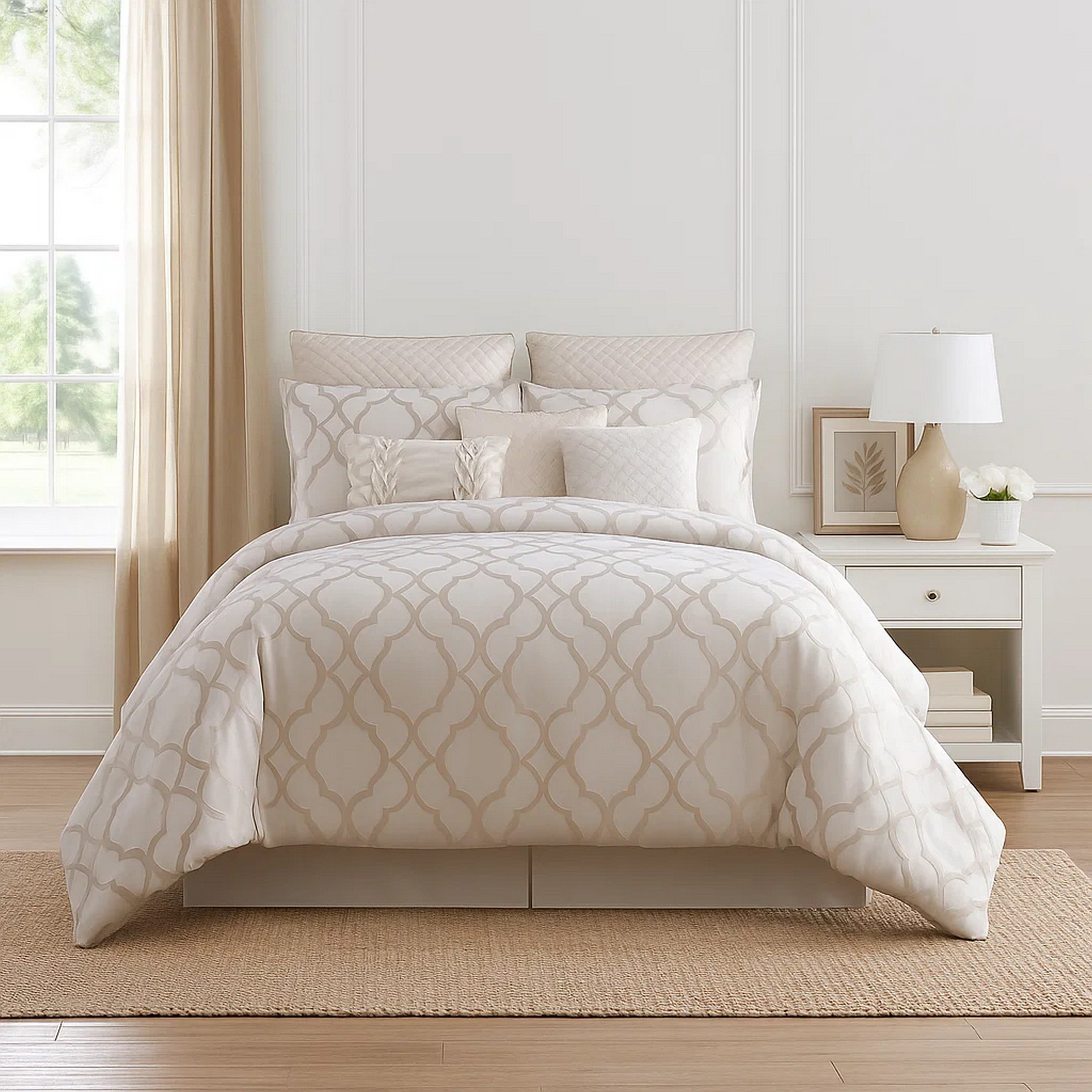 Benjara 10 Piece King Size Fabric Comforter Set with Quatrefoil Prints, White