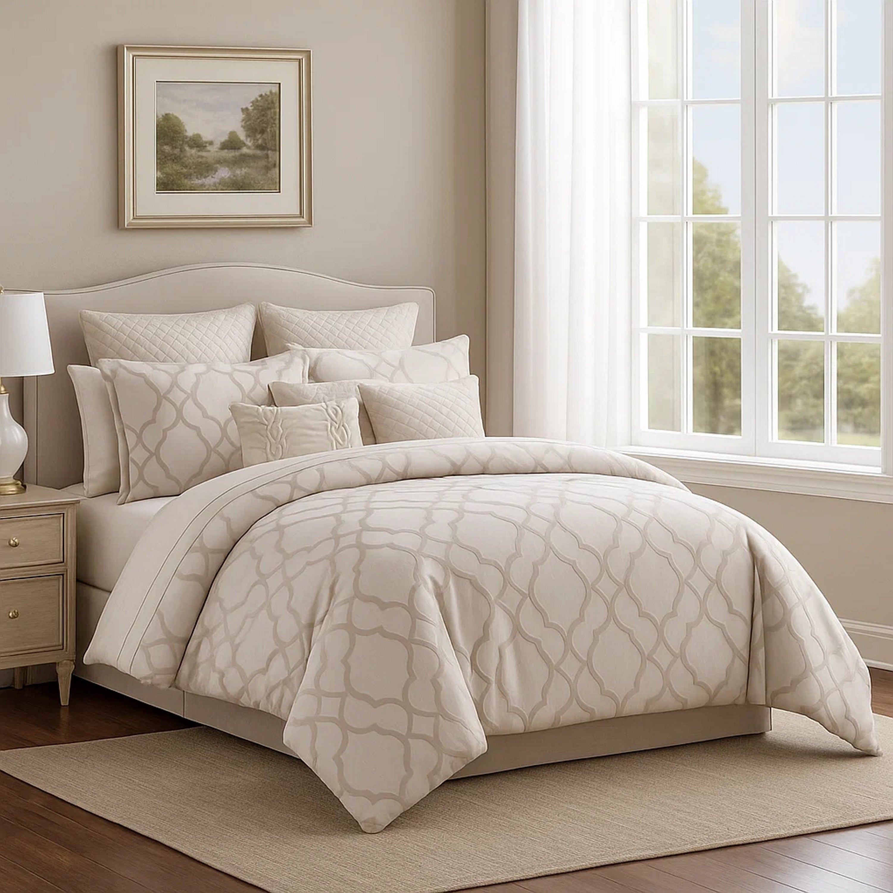 Benjara 9pc Queen Size Comforter Set with Quatrefoil Prints, White Polyester