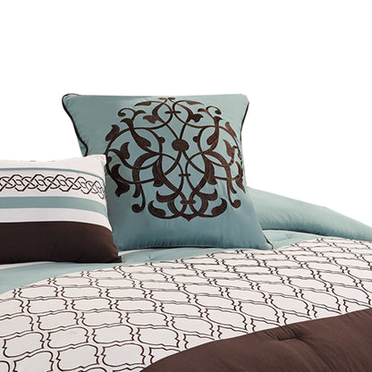 Benjara Quatrefoil King Size 8 Piece Fabric Comforter Set , Brown And Blue
