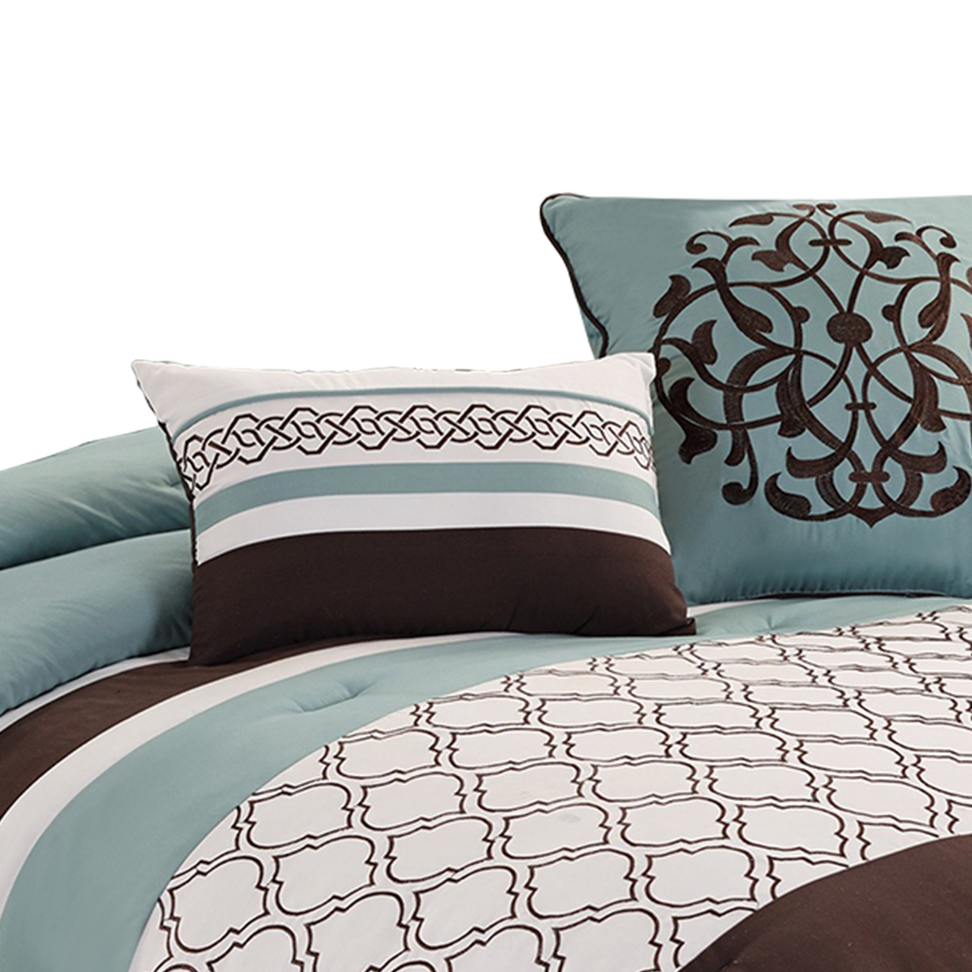 Benjara Quatrefoil King Size 8 Piece Fabric Comforter Set , Brown And Blue